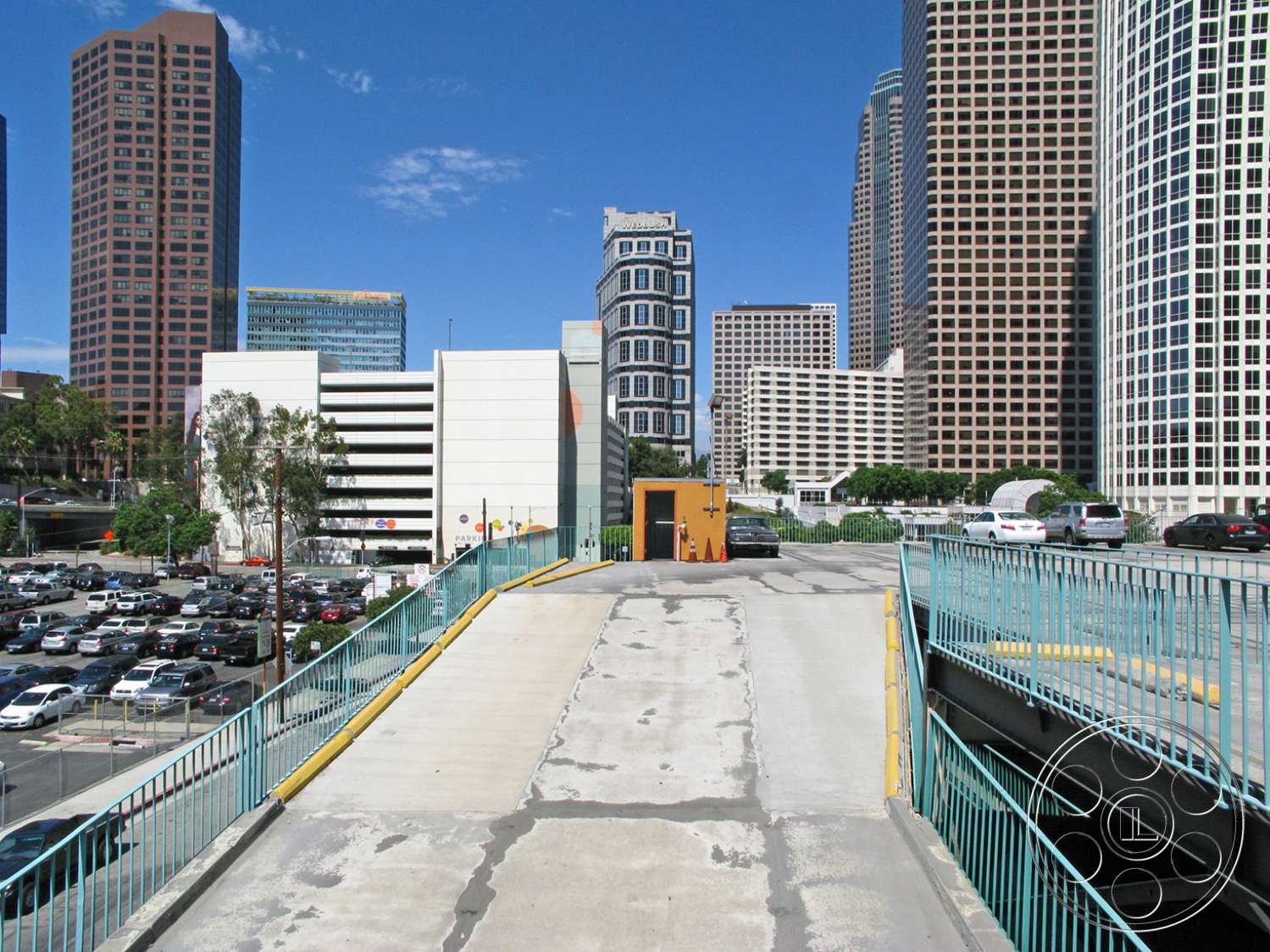 Rooftop 6 - car, transportation, automobile, vehicle, road, office building, urban, city, handrail, banister, downtown, freeway, metropolis, railing, high rise