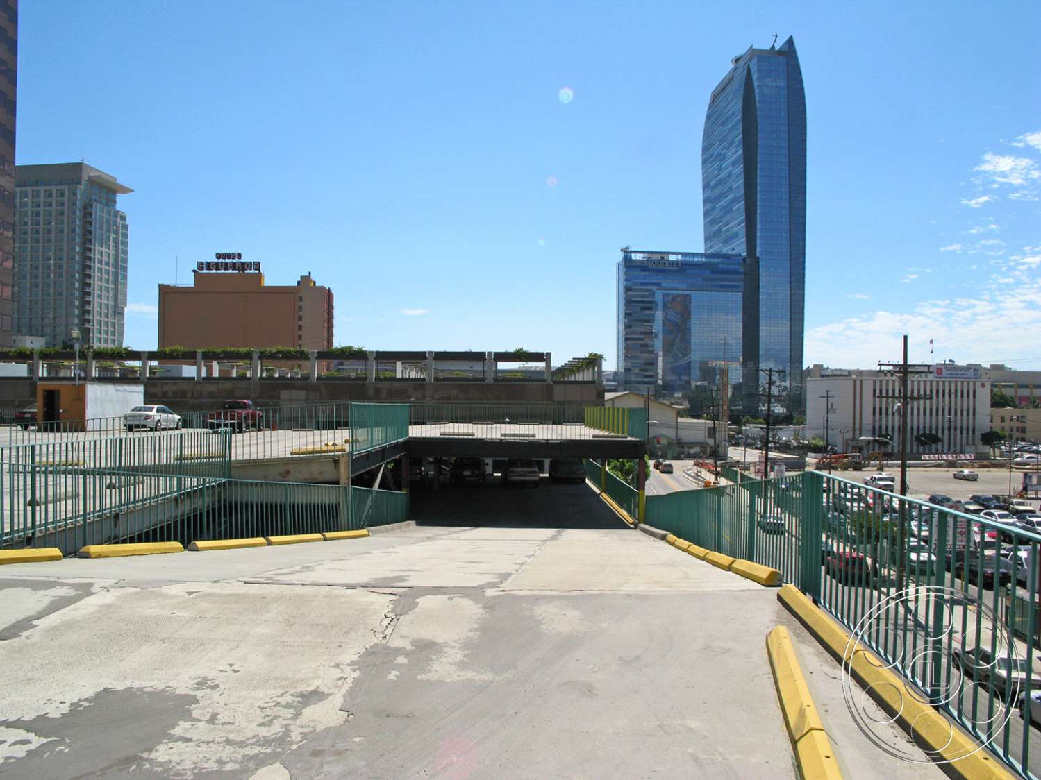 Rooftop 6 - car, transportation, automobile, vehicle, road, office building, urban, city, handrail, banister, railing