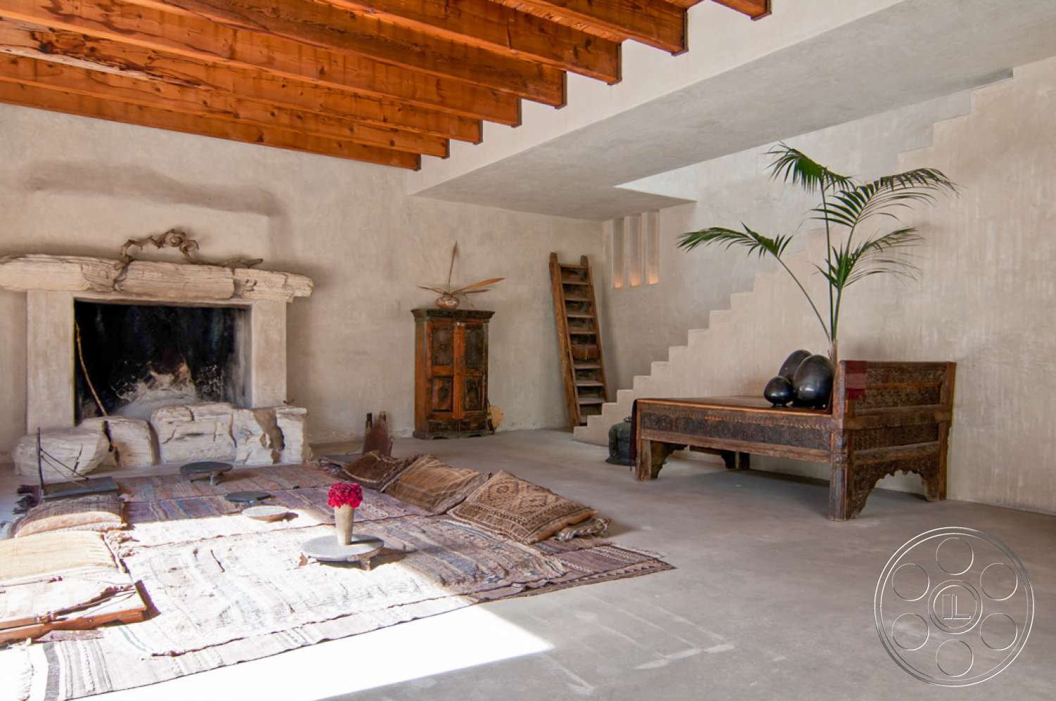 Oasis - indoors, furniture, room, living room, bench, hearth, fireplace