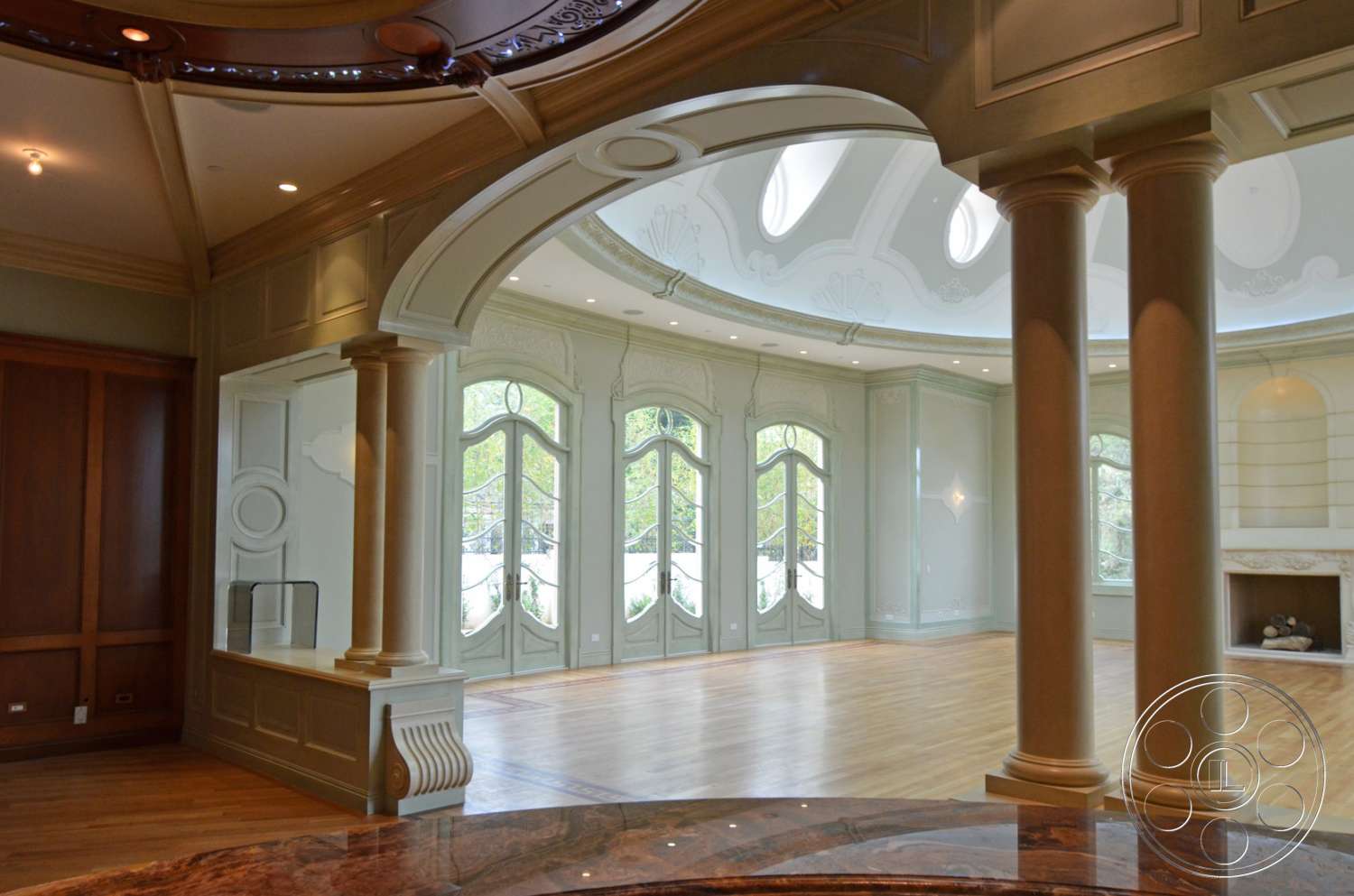 Tiffany Estate - indoors, lighting, wood, corridor, hardwood, handrail, banister