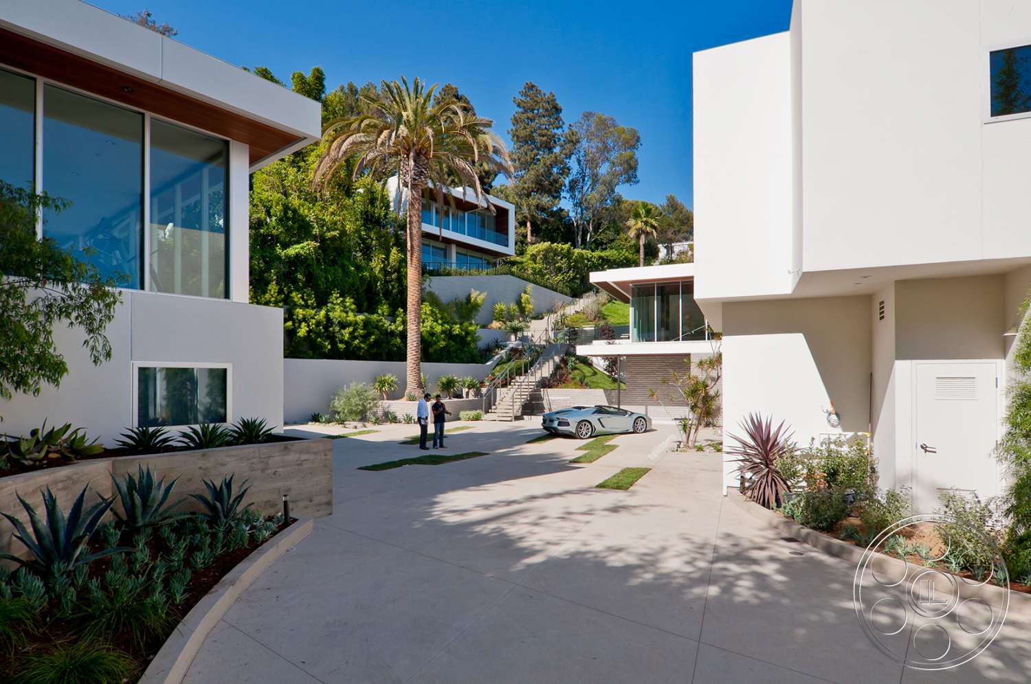 Modern 14 - office building, urban, city, outdoors, flagstone, handrail, banister, tree, vegetation, house, villa, arecaceae, palm tree, grass