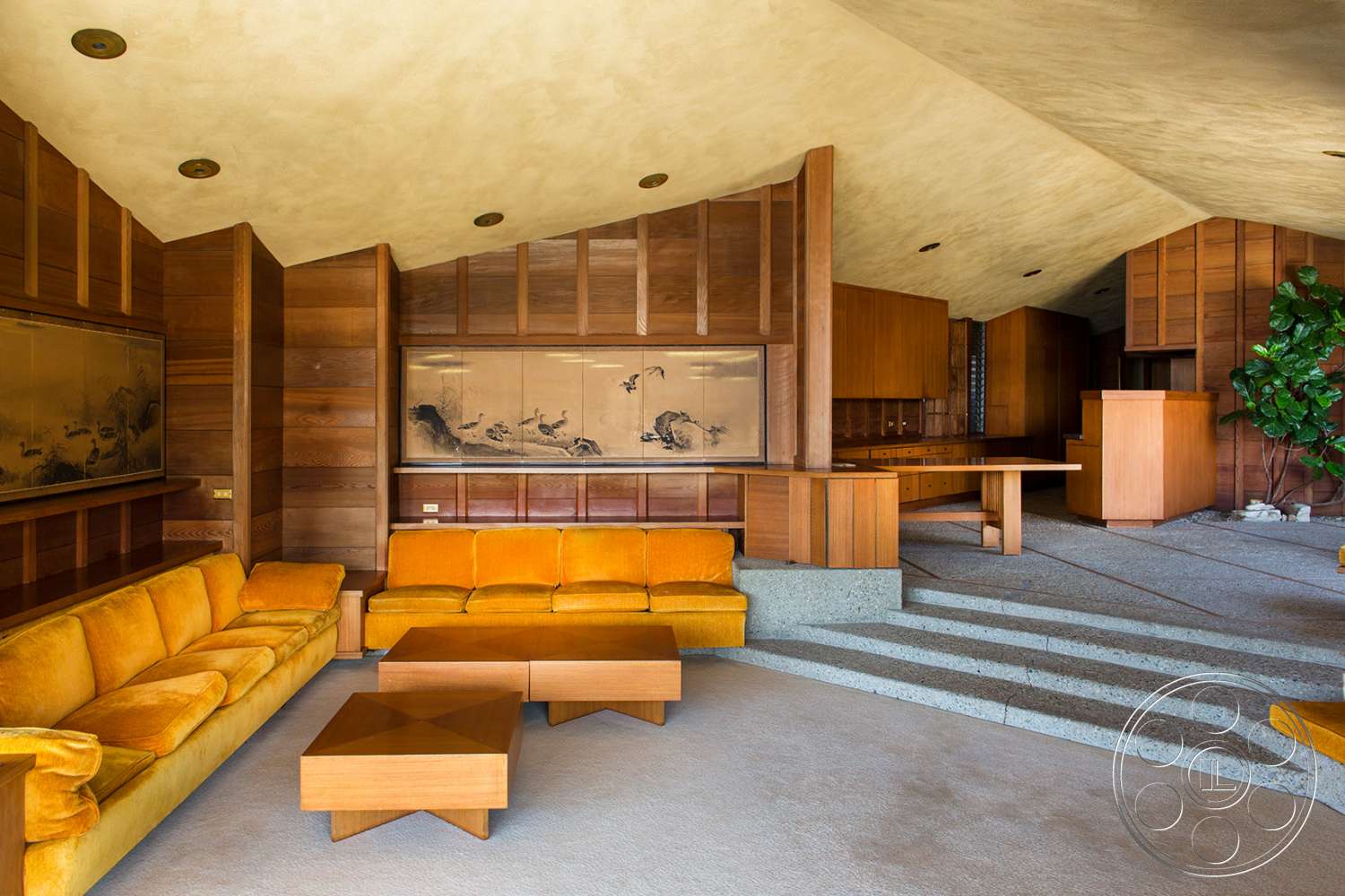 Retro 29 - indoors, wood, furniture, room, lobby, living room, couch, rug, plywood, waiting room, reception, reception room, hardwood