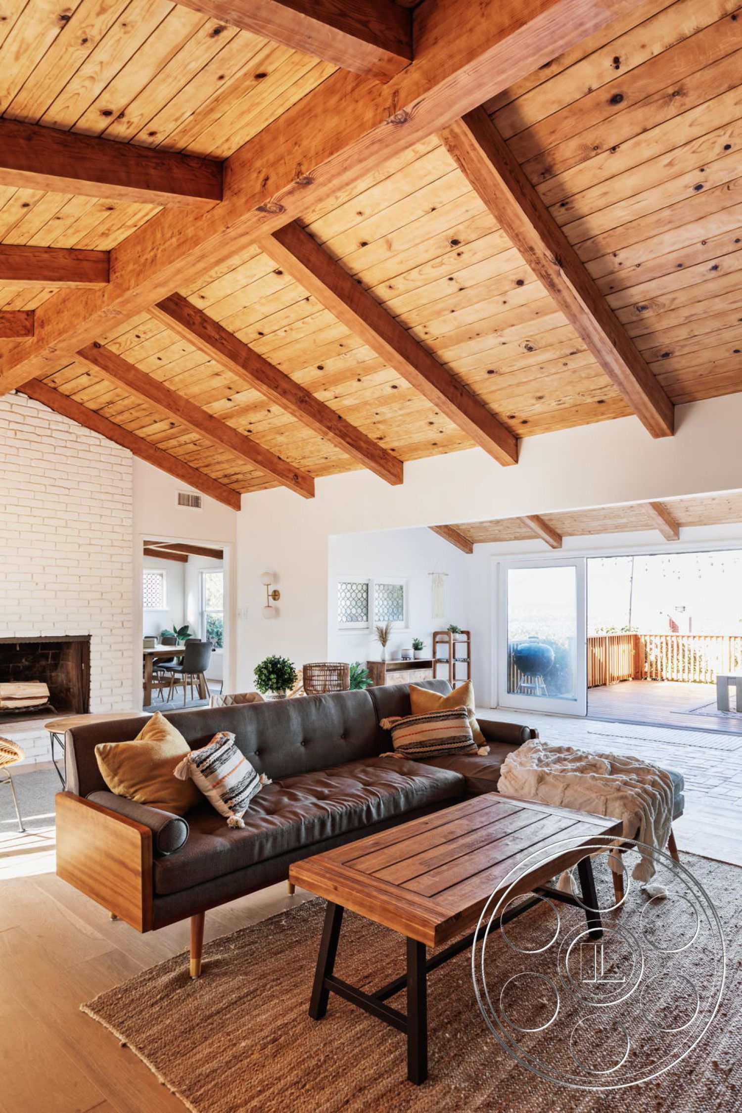 Modern 414 - Indoors, Room, Furniture, Wood, Living Room, Couch, Hardwood, Table, coffee table, Building, vaulted wood ceiling, white brick fireplace