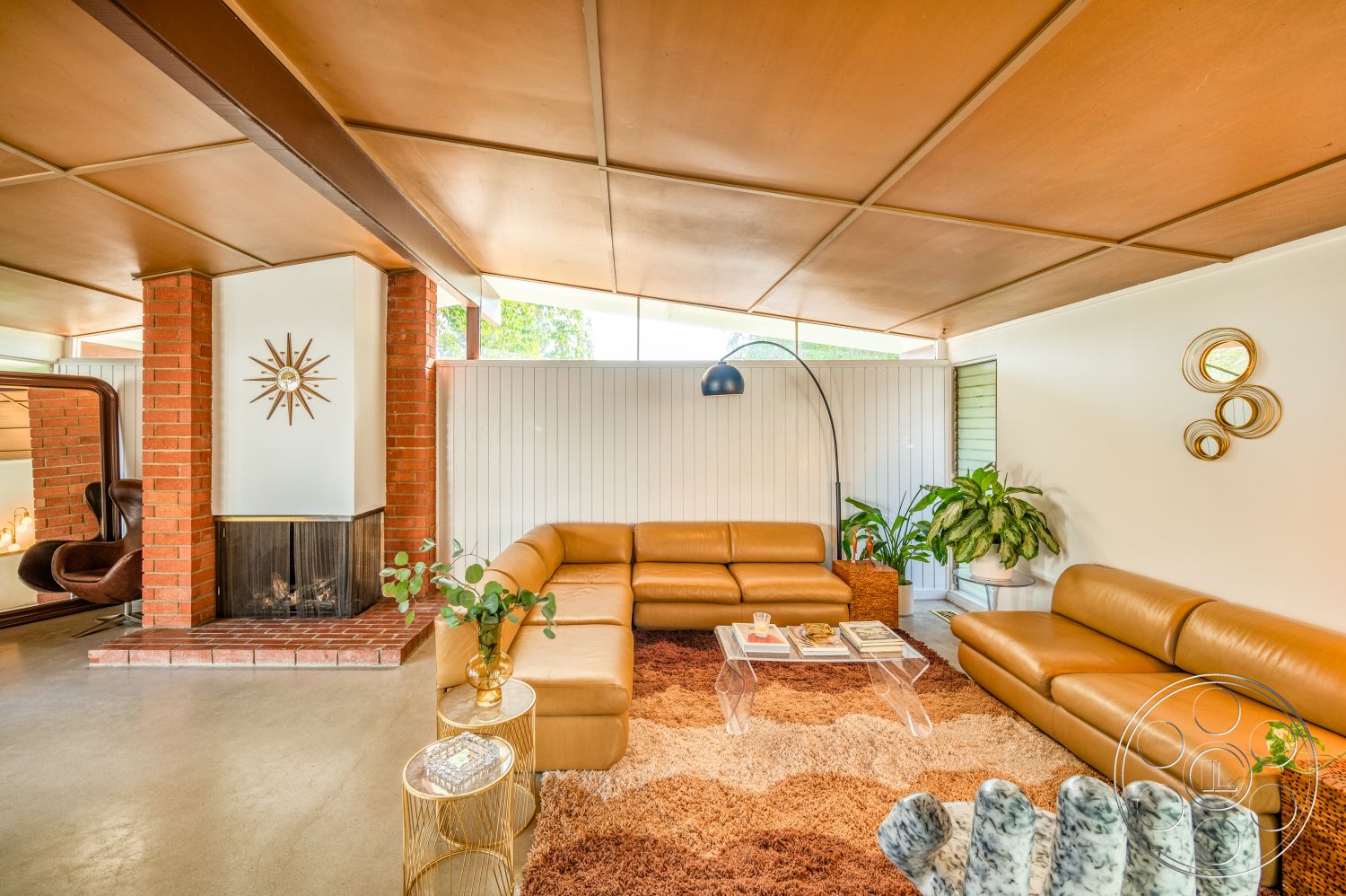 Retro 271 - Indoors, Room, Furniture, Living Room, Couch, fireplace, potted plant, wall decoration