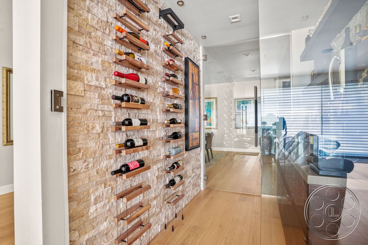 Modern 416 - Wood, Hardwood, Shelf, wine cellar, stone wall, wine rack, wood wine rack wall
