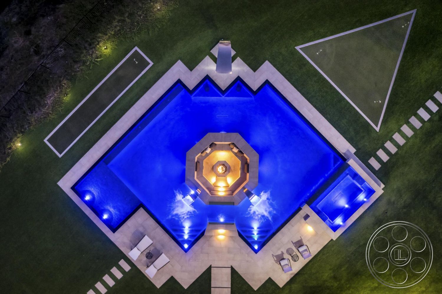 Mansion 126 - pool, grass, water, Lighting, putting green, aerial view, outdoor fire pit, water fountain