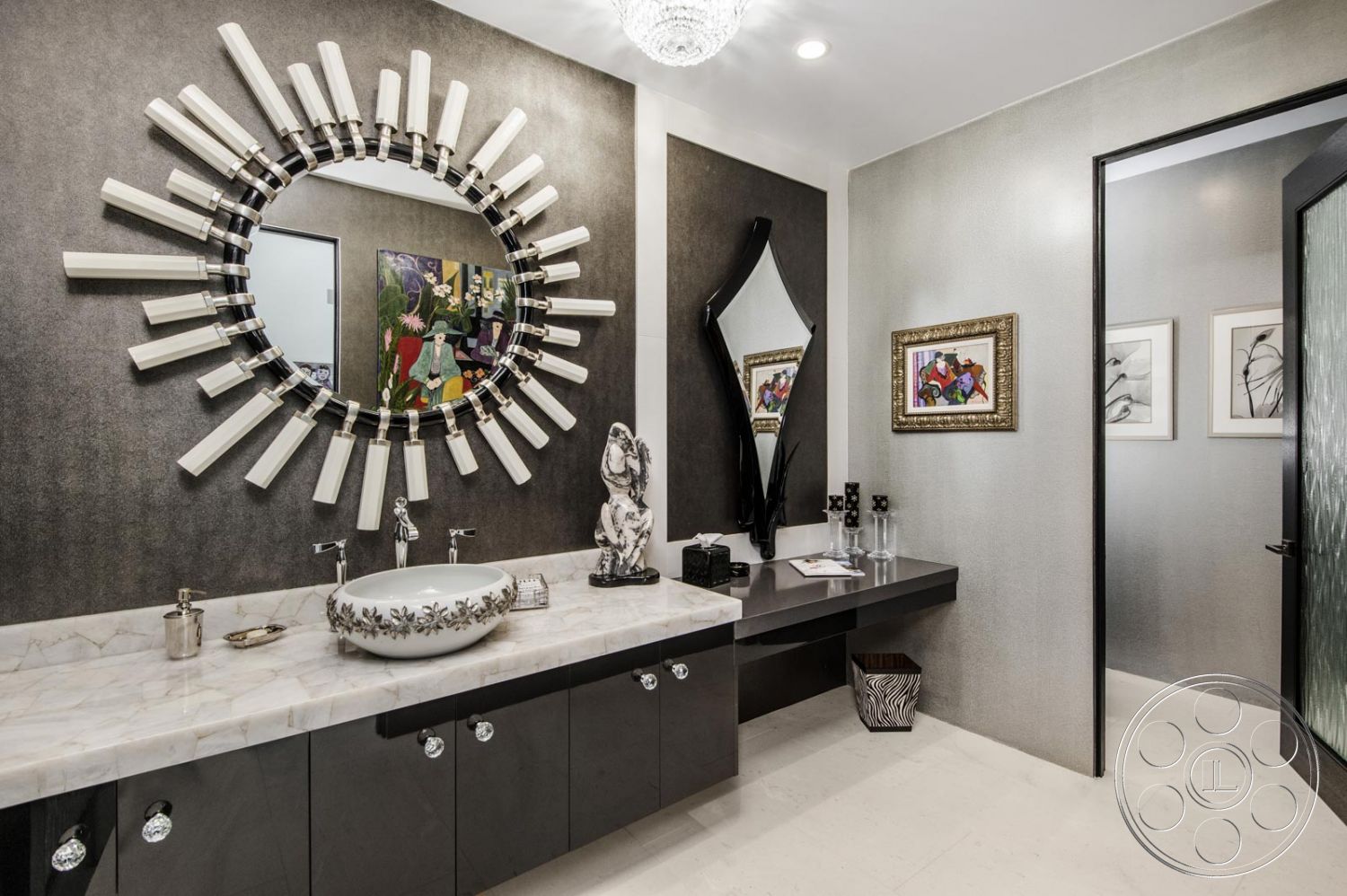 Mansion 126 - bathroom, circular mirror, granite countertop, bathroom sink, bathroom vanity