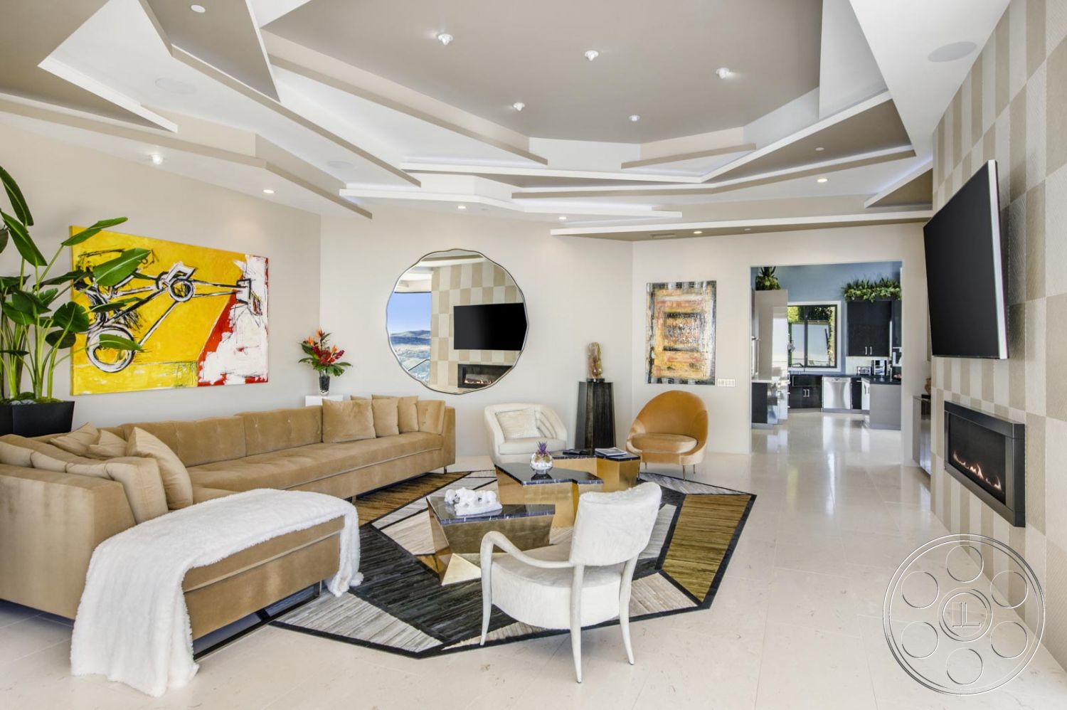 Mansion 126 - architecture, Indoors, Room, Furniture, Living Room, Couch, fireplace, Table, coffee table, television, circular mirror