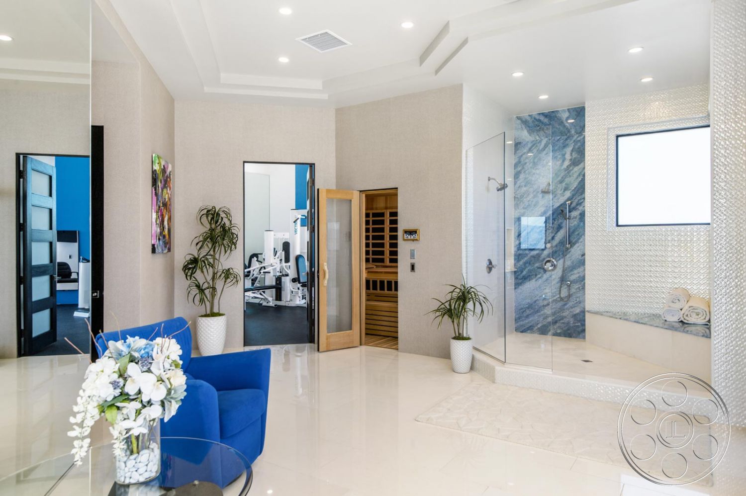 Mansion 126 - Indoors, Room, shower, mirror, blue chairs, Blossom, Flower