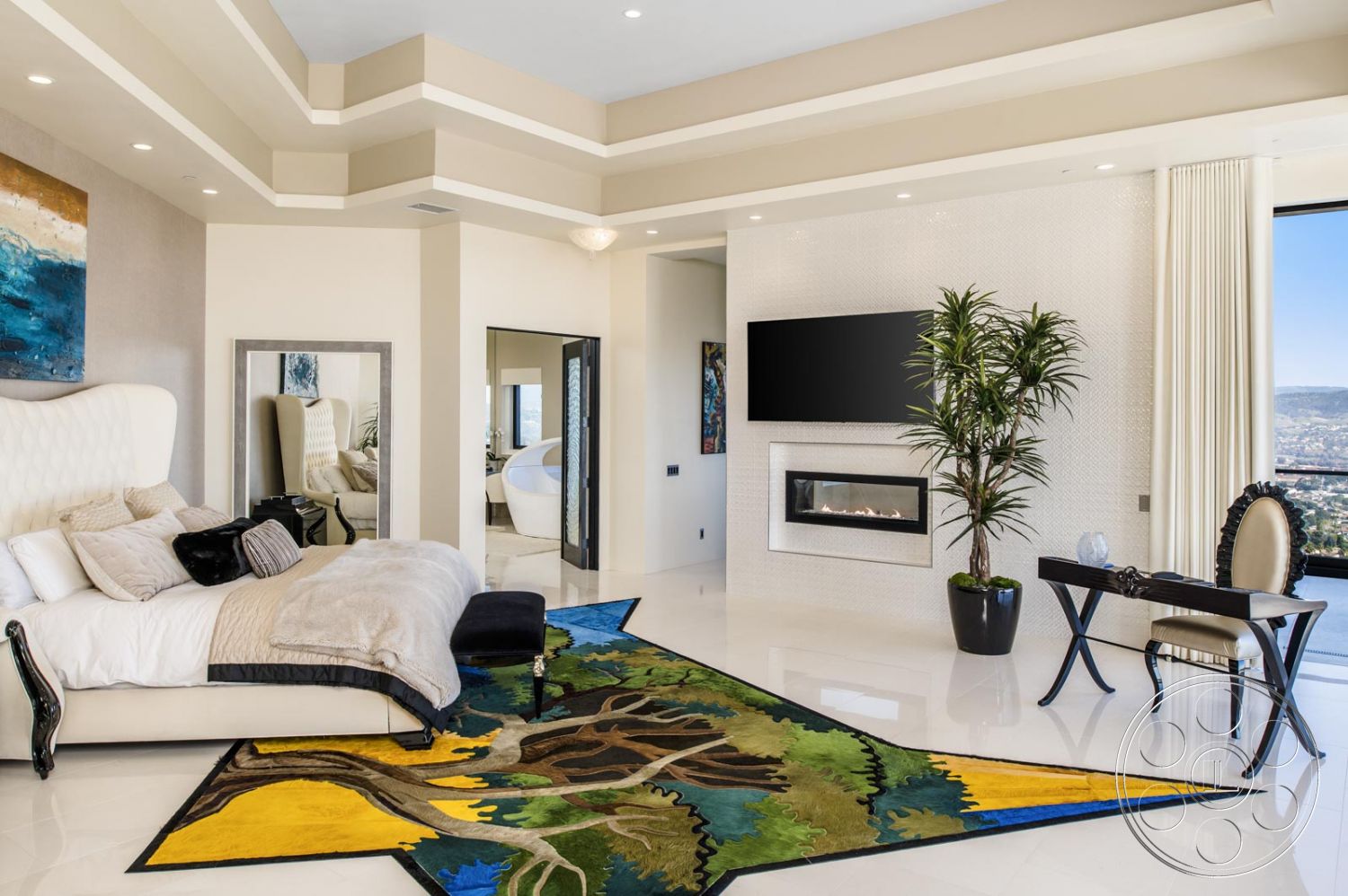 Mansion 126 - Indoors, Room, Furniture, bed, Bedroom, rug, potted plant, television, bedroom bench, bedroom fireplace