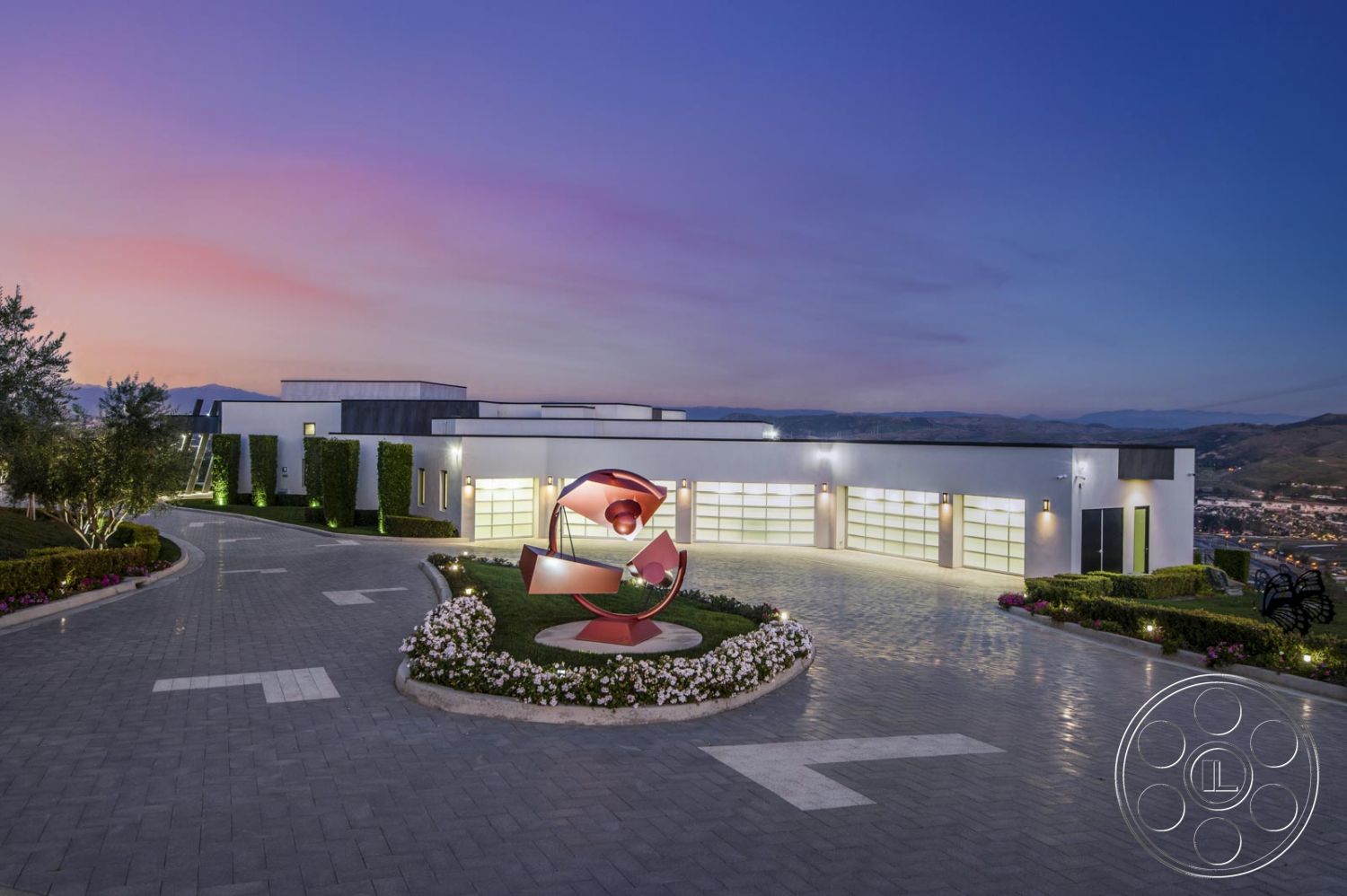 Mansion 126 - Architecture, art, Building, hedges, Trees, sculpture, brick driveway, Garage Doors