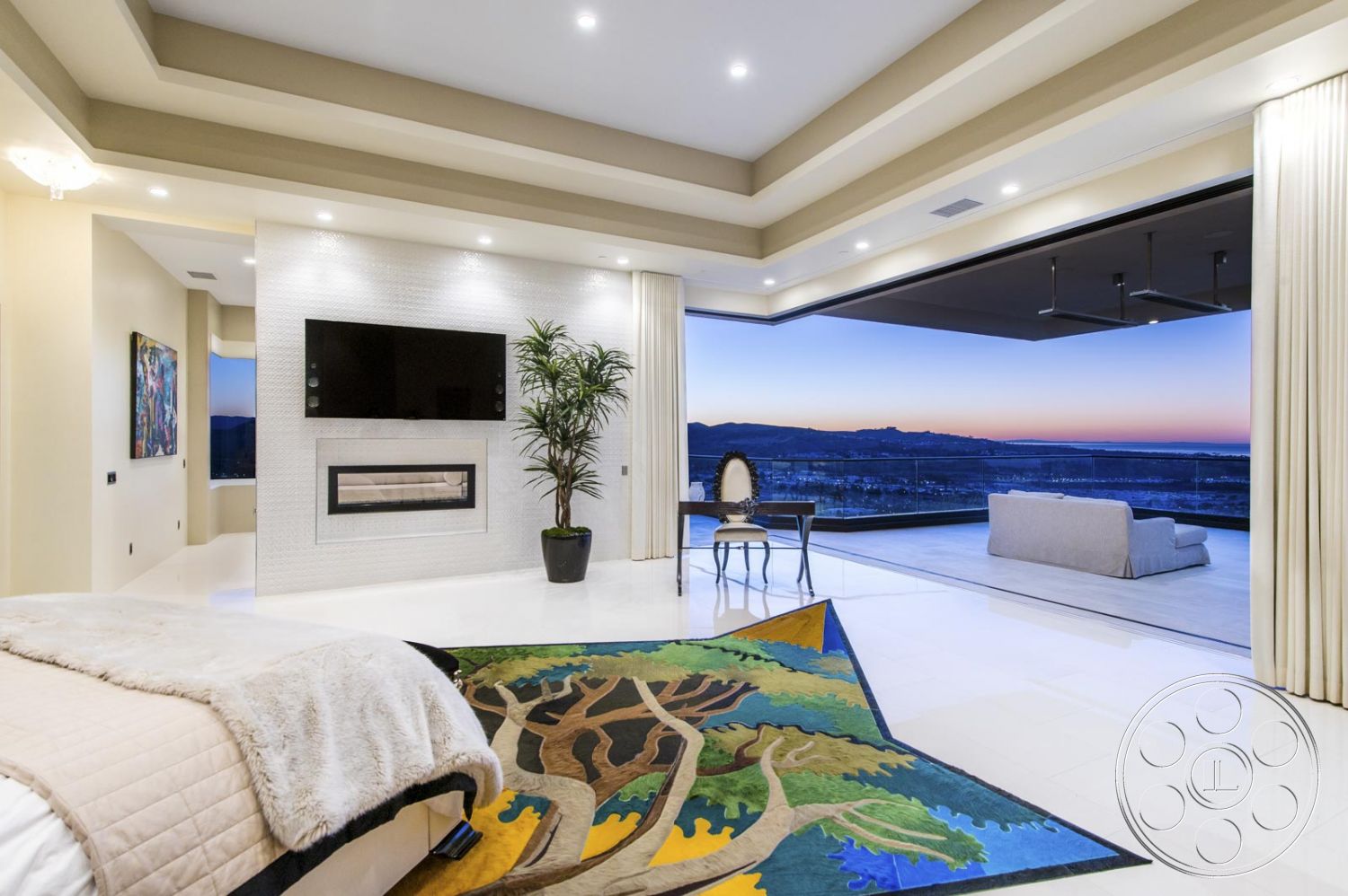 Mansion 126 - Indoors, Room, Furniture, chair, desk, bed, bedroom, view, couch, rug, balcony, potted plant, television, bedroom balcony, oceanview, bedroom fireplace