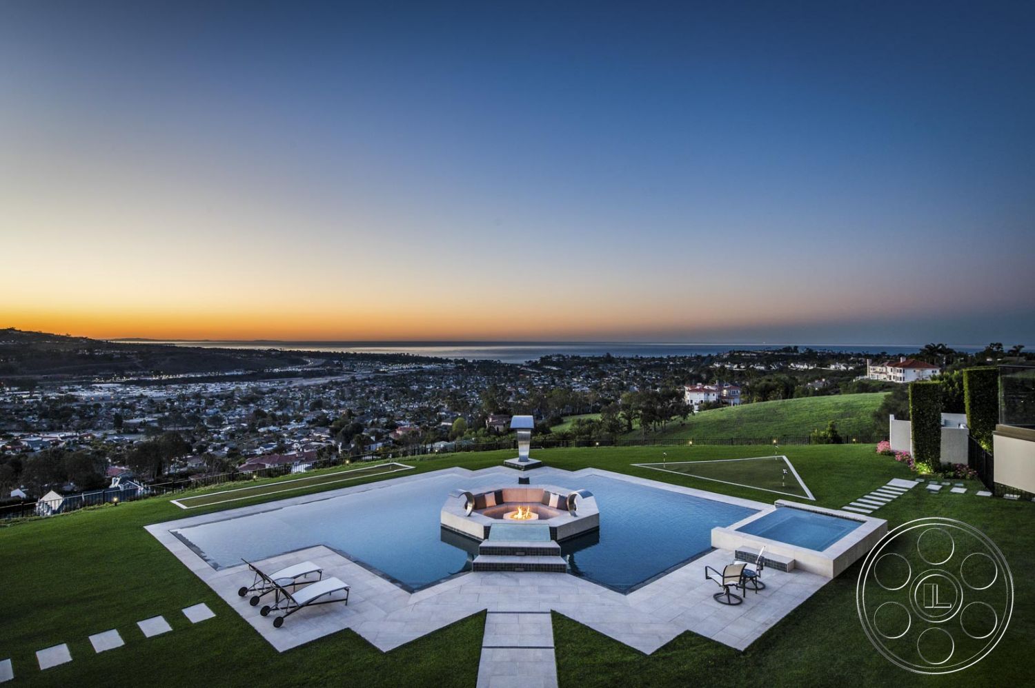 Mansion 126 - Outdoors, Nature, pool, grass, city view, water, Scenery, Landscape, Aerial View, hedges, pool lounge chairs, Panoramic, outdoor fire pit, Stepping Stones, oceanview, attached jacuzzi