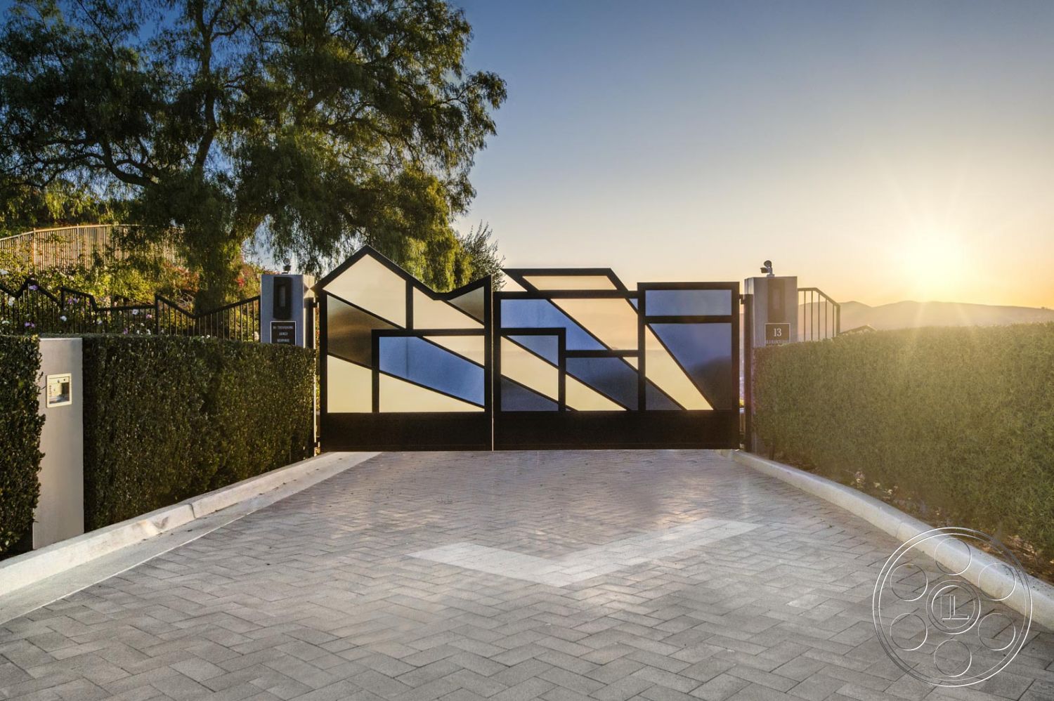 Mansion 126 - Handrail, Banister, driveway, tree, hedges, front gate, stained glass, brick driveway