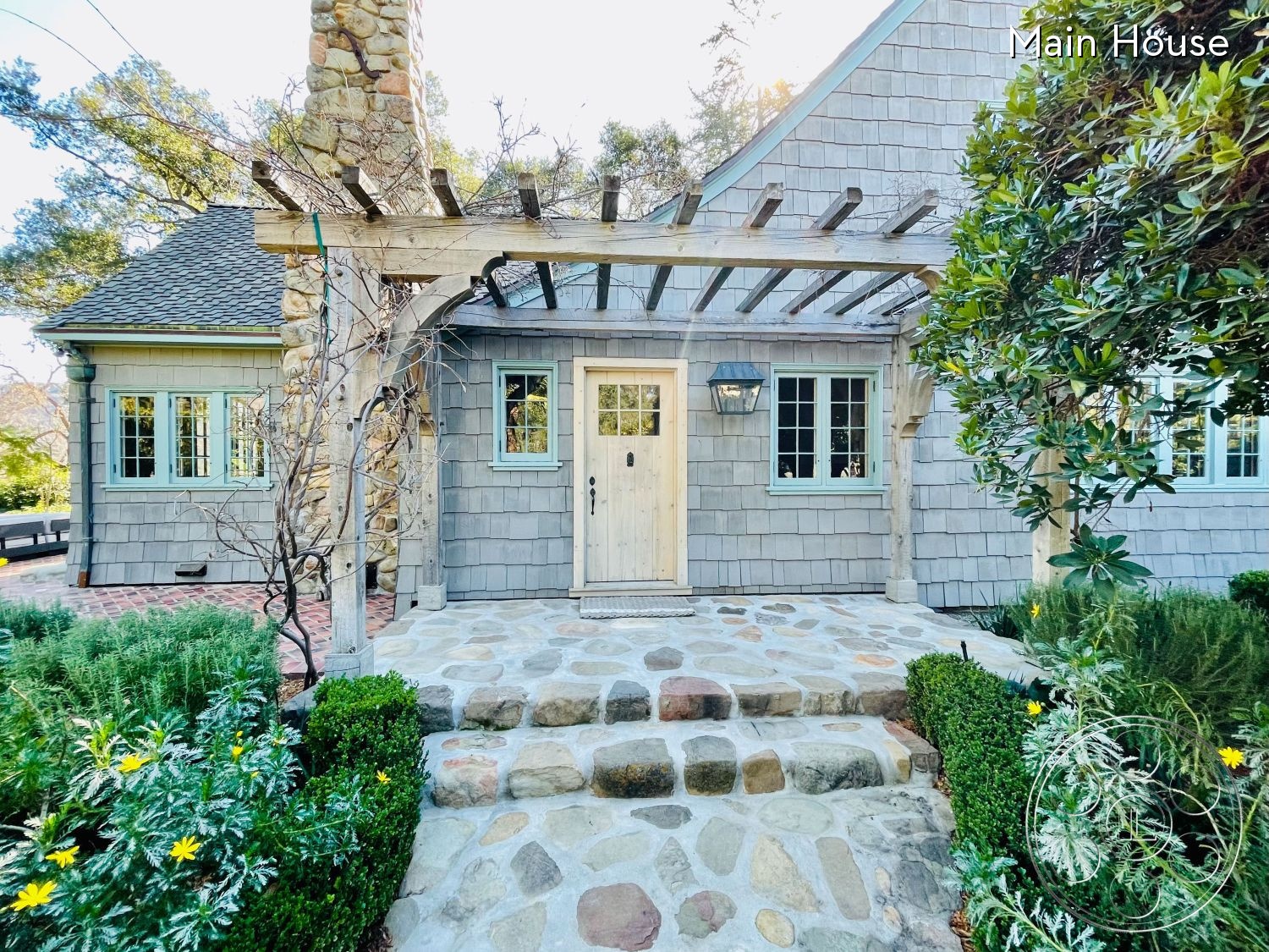 Ranch 82 - Patio, Porch, Architecture, Lamp, Outdoors, Nature, House, Yard, Path, Walkway, Backyard, flagstone, Housing, Building, pergola, plants, shingle siding, cedar shakes