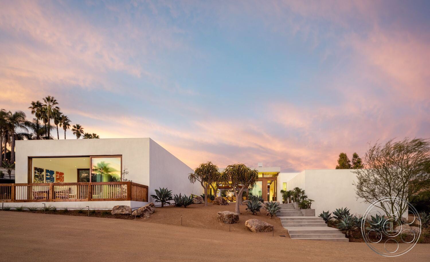 Modern 529 - Outdoors, Tree, Villa, House, dirt road, palm tree, front of home, front steps, Sky, porch with wood railing