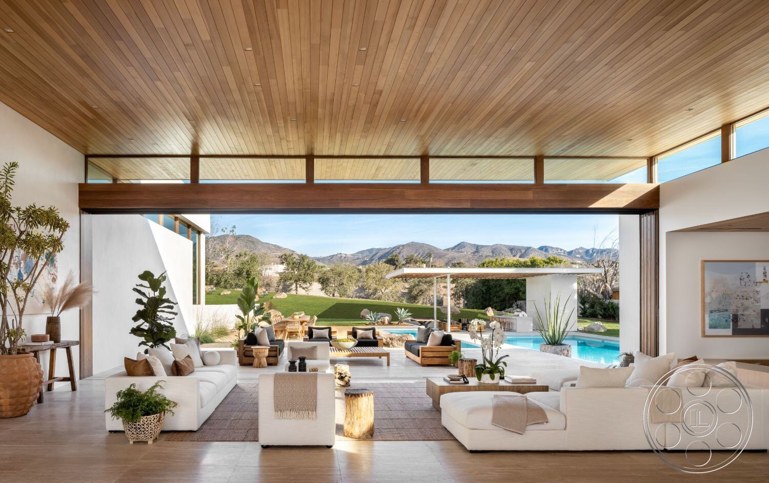 Modern 529 - Indoors, Room, Furniture, Living Room, Table, Home Decor, slate, wood ceiling, potted plant, large sliding glass doors, white couch, big patio door