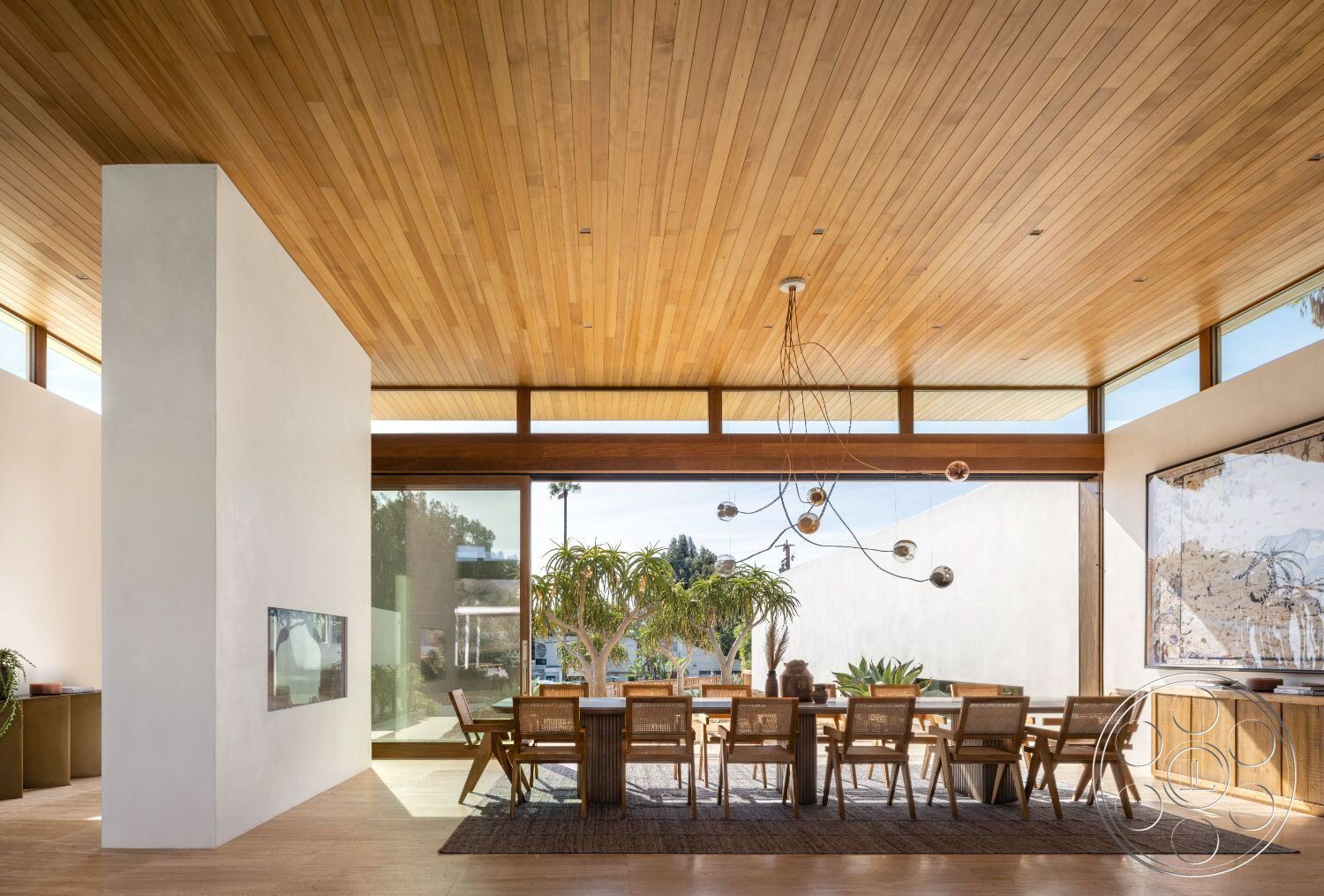 Modern 529 - Indoors, dining room, slate, wood ceiling, dining table, chairs, large sliding glass doors, Wood Panels