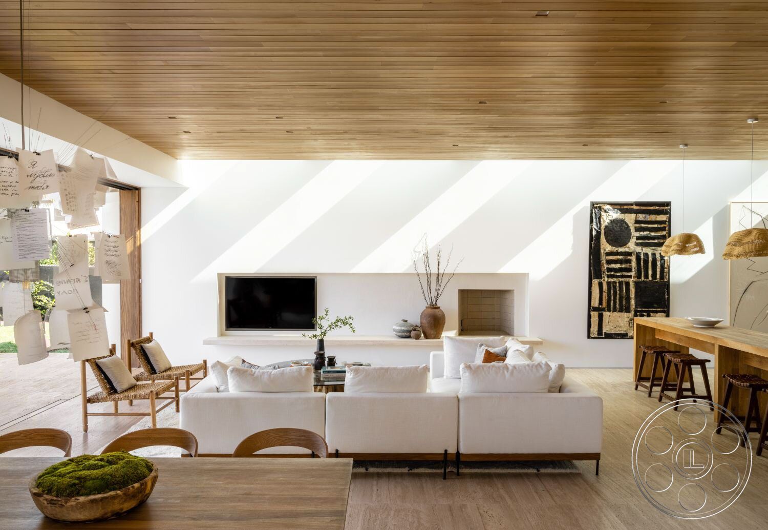 Modern 529 - Indoors, Room, Furniture, chair, Living Room, Home Decor, wood ceiling, painting, television, white couch, paper chandelier