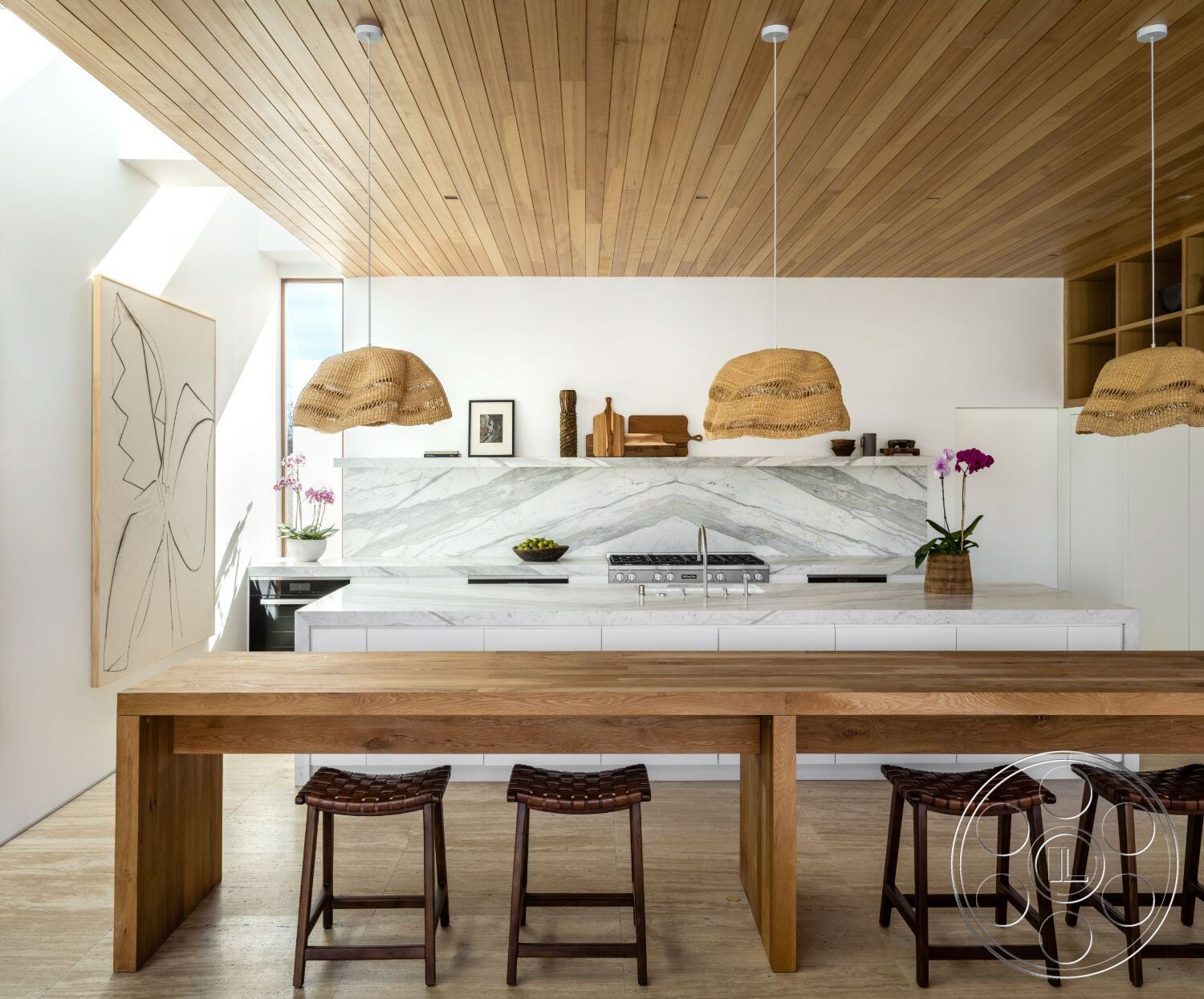 Modern 529 - Indoors, table, Kitchen, kitchen island, slate, art, wood ceiling, painting, light shades, kitchen sink, Wood Panels, stool chairs