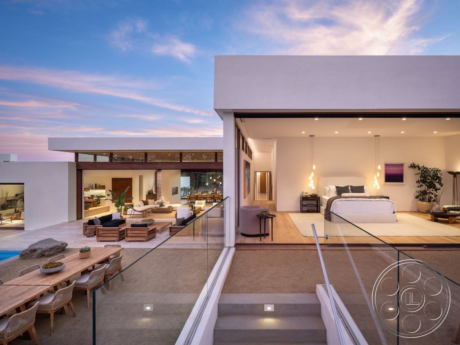 Modern 529 - bed, bedroom, outdoors, handrail, steps, large sliding glass doors, glass railing, bedroom patio