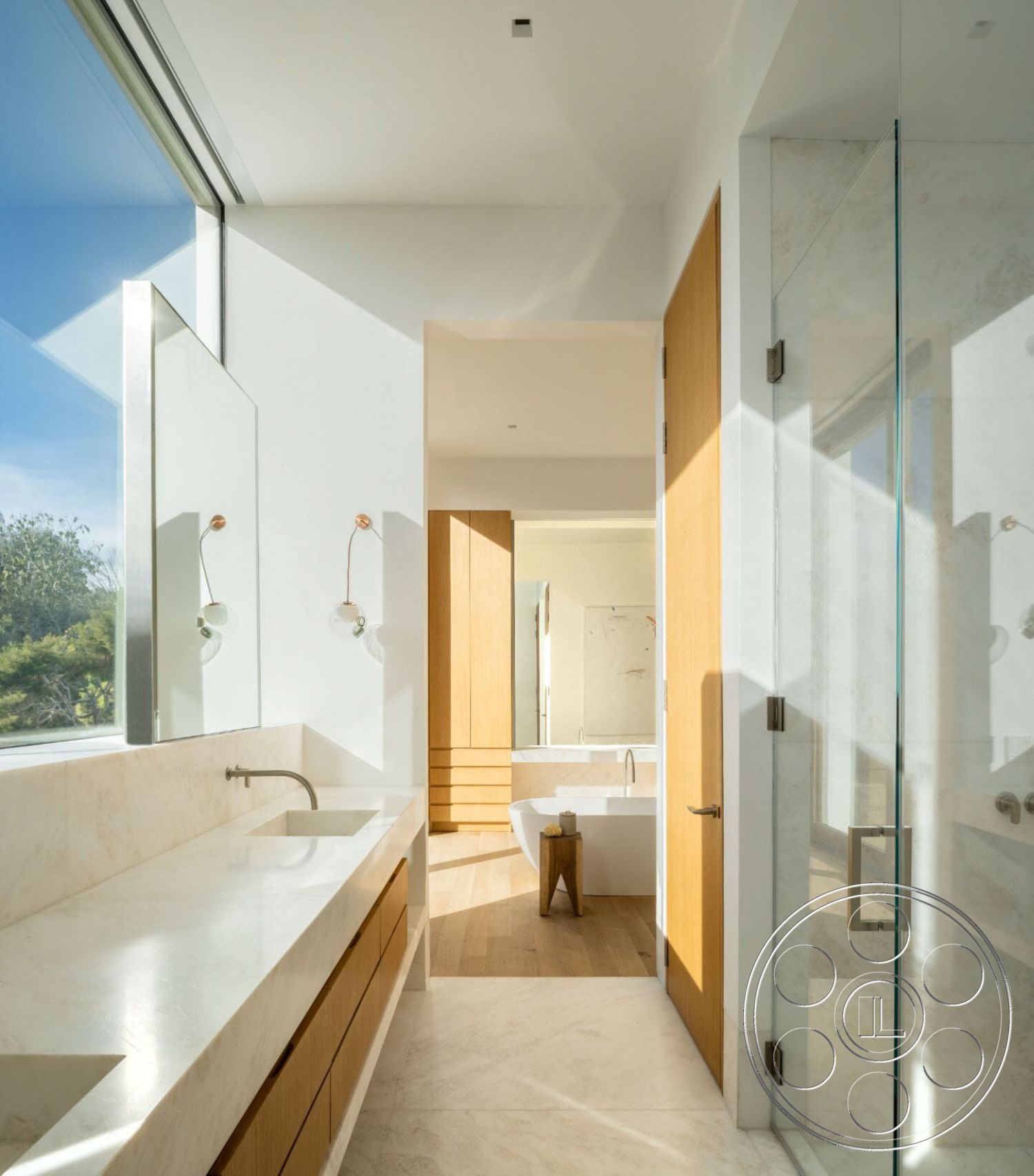Modern 529 - bathroom, Indoors, Tub, wood, Bathtub, Sink, wood floors, shower, tile, double sink, bathroom sink