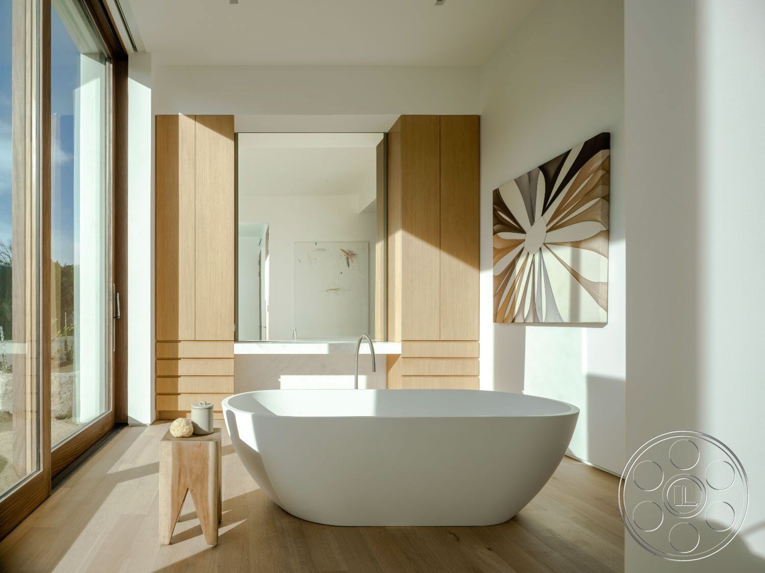Modern 529 - bathroom, Indoors, Tub, wood, Bathtub, hardwood, art, wood floors, painting, mirror, foot stool
