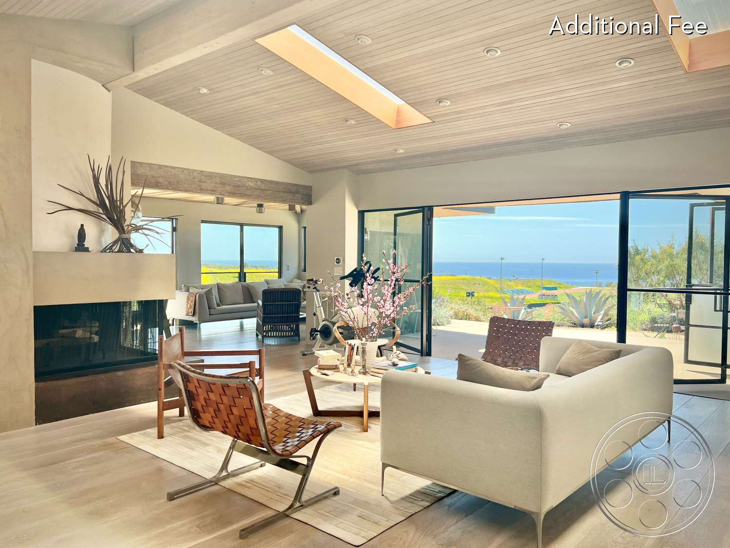 Zen Garden - chair, Living Room, fireplace, couch, skylight, vaulted wood ceiling