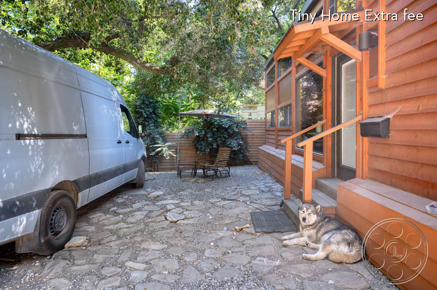 Topanga Log Cabin - Dog, Mammal, Animal, Canine, Pet, Flagstone, Slate, Vehicle, Van, Road, Walkway, Moving Van