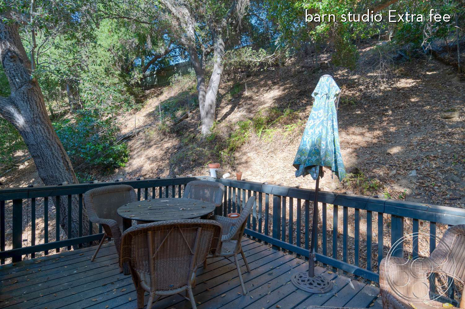 Topanga Log Cabin - Patio, Porch, Deck, Handrail, Outdoors, Tree, Railing, Dining Table, Scenery