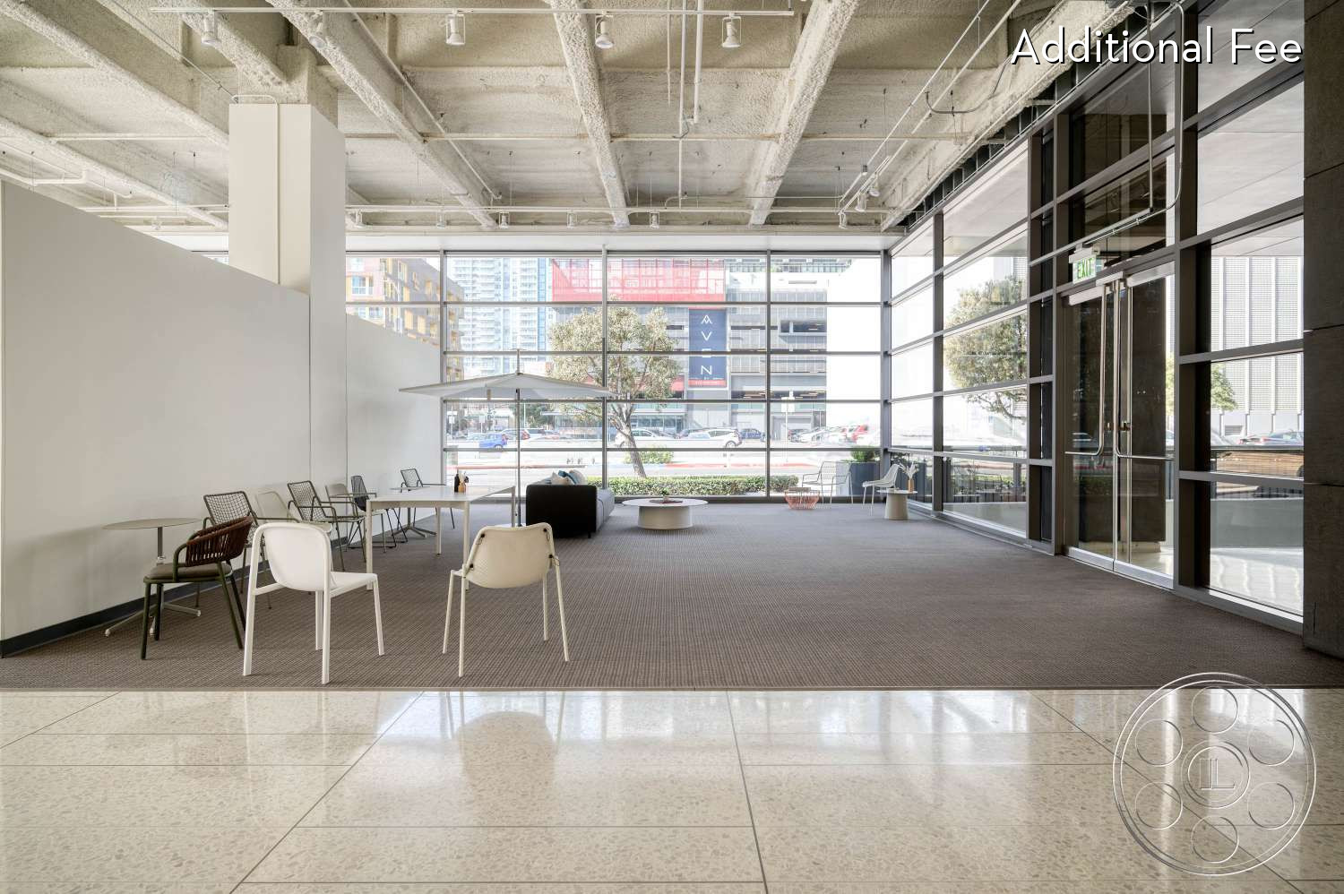 SKYstudio® - large windows, open floor plan, futuristic, concrete ceiling, natural light, neutral wall colors, modern architecture, elegant decor, minimalist design, urban setting, ambient lighting, spacious, polished concrete floor, commercial space, metal furniture, collaborative workspace, plush seating, light gray carpet, glass facade, cozy lounge area, adaptive reuse, casual atmosphere
