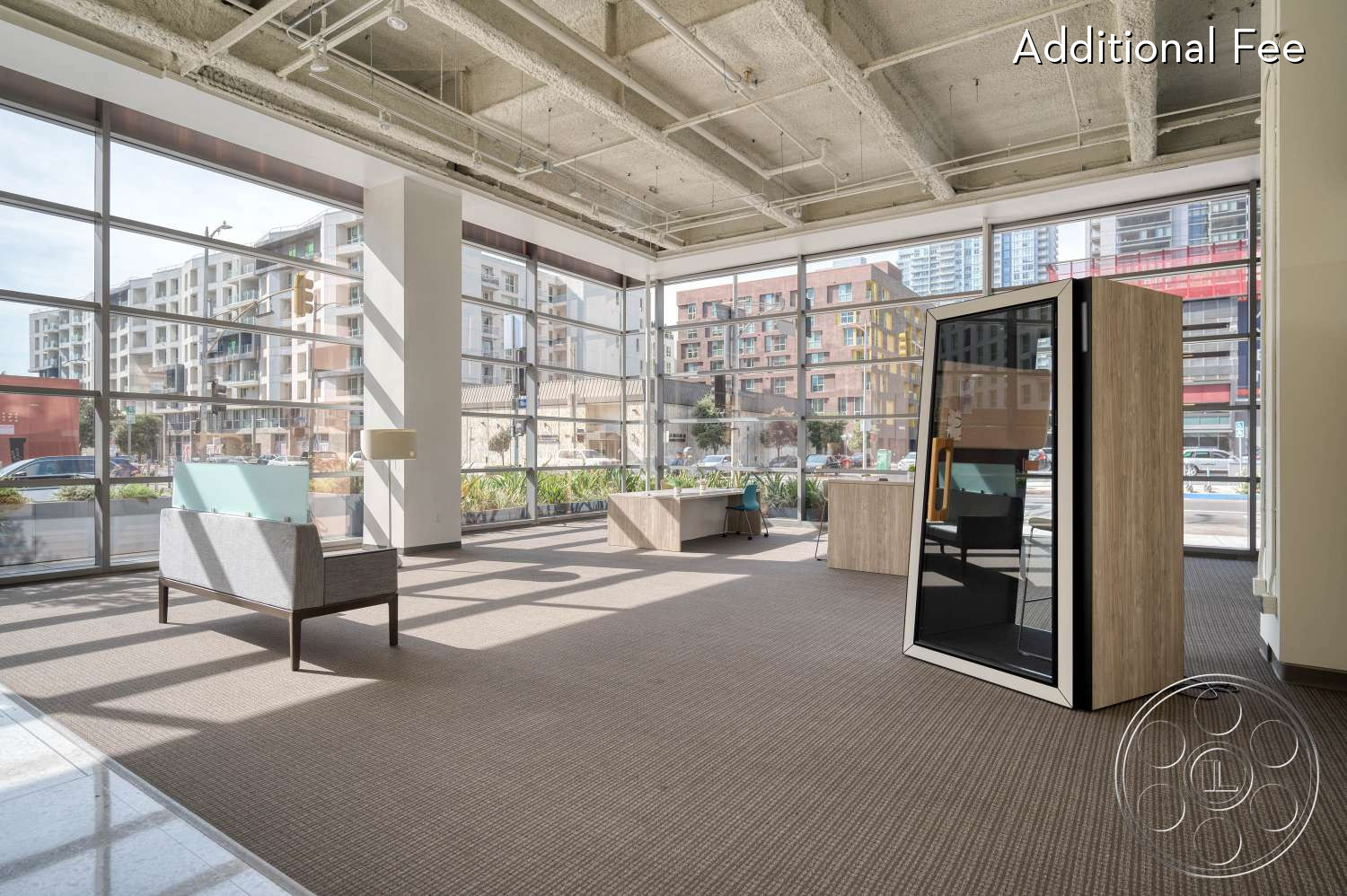 SKYstudio® - large windows, workspace, natural light, reception area, open concept, neutral color palette, modern architecture, contemporary decor, minimalist furniture, urban setting, ambient lighting, functional design, flexible layout, glass elements, creative atmosphere, collaborative workspace, carpet flooring, light wood materials, office space