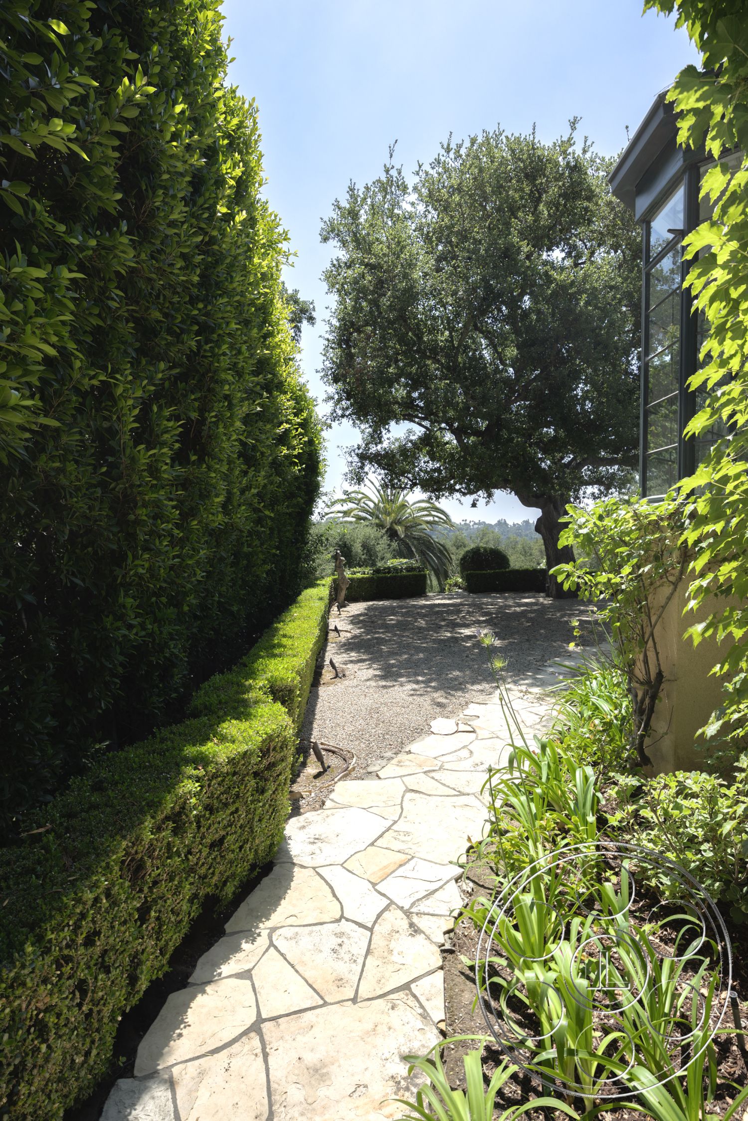 The Regent - tall hedges, natural stone pavers, lush green foliage, exterior stone pathway, mature oak tree, landscaped garden beds, open sky view, sculpted boxwood shrubs, sunlit outdoor setting, relaxing garden space, hardscape gravel area, curved walkway shape, patio area with garden plants, botanical landscaping details