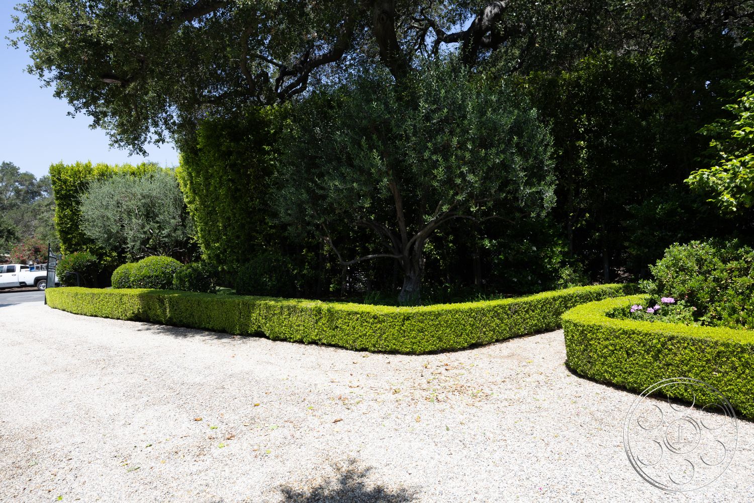The Regent - outdoor greenery, exterior landscaping, gravel driveway, boxwood hedges, natural light setting, landscaped shrubbery, mature oak trees, curved hedged garden borders, flower garden beds, suburban front yard scenery, gravel landscape flooring, bushy ornamental trees, arched hedge formation, softscape garden design