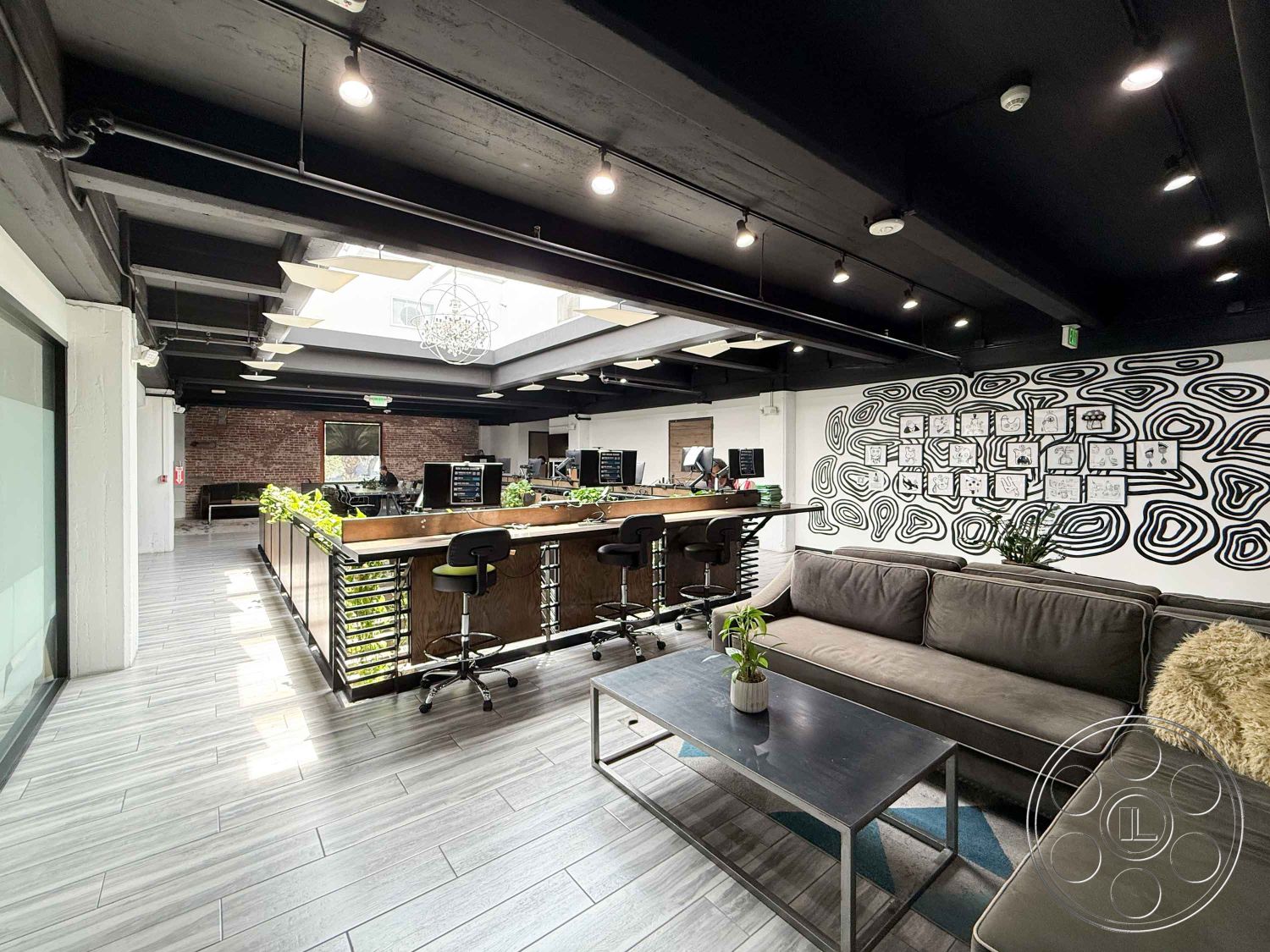 Office 124 - neutral color palette, contemporary furniture, large glass windows, ceramic tile flooring, interior space, modern aesthetic, collaborative workspace, metal bar stools, bright ambiance, minimalist coffee table, wooden bar counter, exposed brick accent wall, modern track lighting, black ceiling beams, designed wall art, open layout office, indoor plants decoration, workspace with computers, high ceiling design, eco-friendly interior