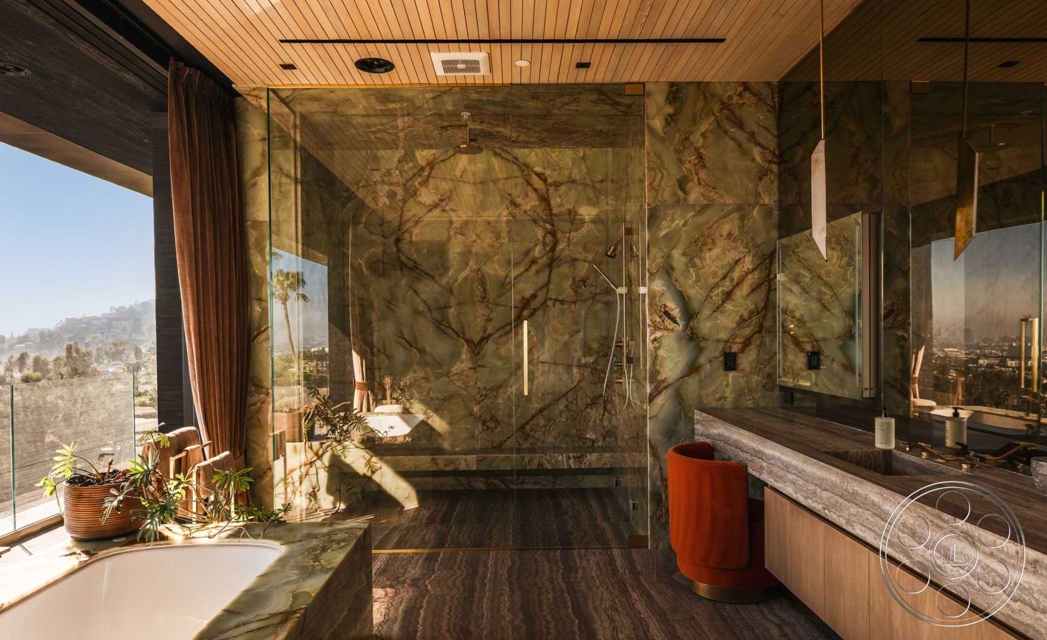 Modern 507 - interior natural light, interior hardwood flooring, interior stone accent wall, interior marble bathroom walls, interior marble shower walls, interior glass shower doors, interior marble bathtub surround, interior wooden ceiling panels, interior floating vanity, interior gold fixtures, interior contemporary bathroom, interior landscaped view, interior geometric shapes, interior luxe bathroom design, interior textured surfaces