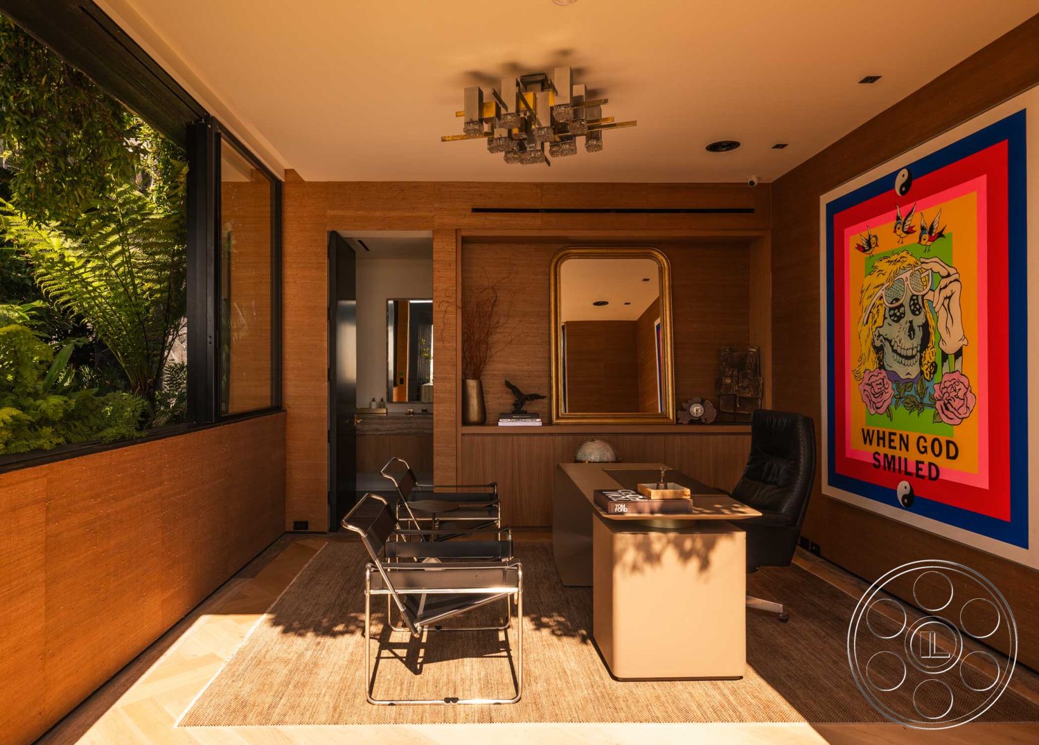 Modern 507 - decorative wall art, framed mirror, textured wall finishes, natural fiber area rug, black leather office chair, modern office design, glass windows with city view, interior bamboo wall paneling, bamboo accent wall, floating ceiling lights, rectangle office desk, dark wood door trim, greenery in indoor space, open floor plan workspace