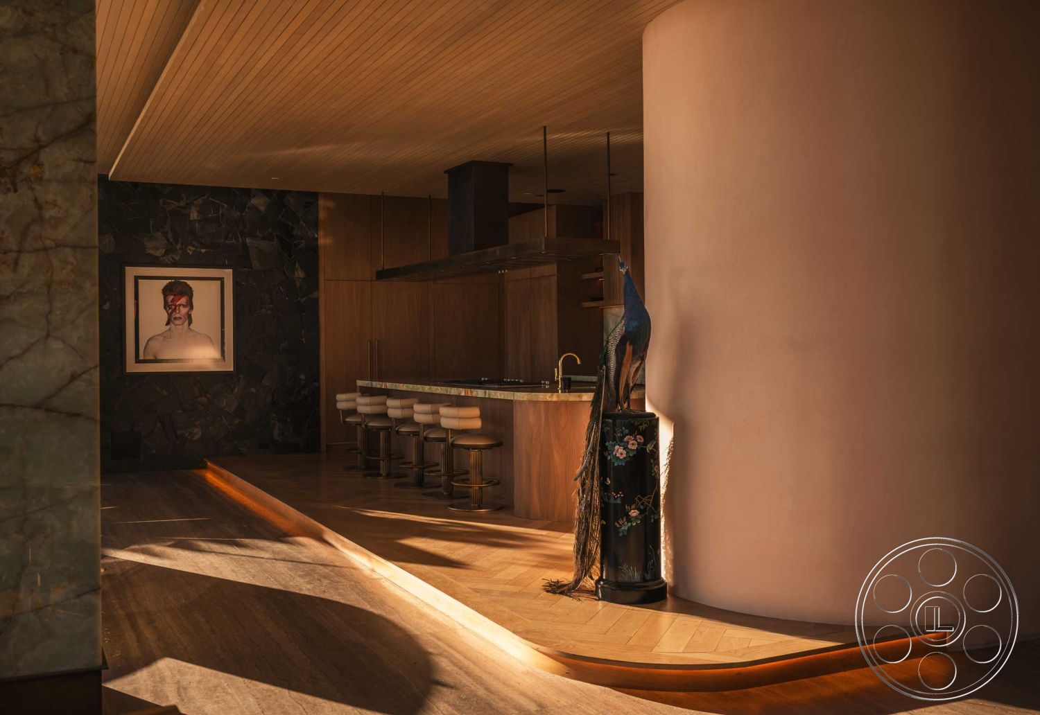 Modern 507 - natural stone elements, soft neutral color palette, minimalist aesthetic, artistic wall decor, wood ceiling panels, open kitchen layout, contemporary design style, integrated kitchen appliances, polished hardwood flooring, glass accent wall, aggregate stone feature wall, curved bar counter, modern counter stools, ambient lighting details, fluid architectural shapes