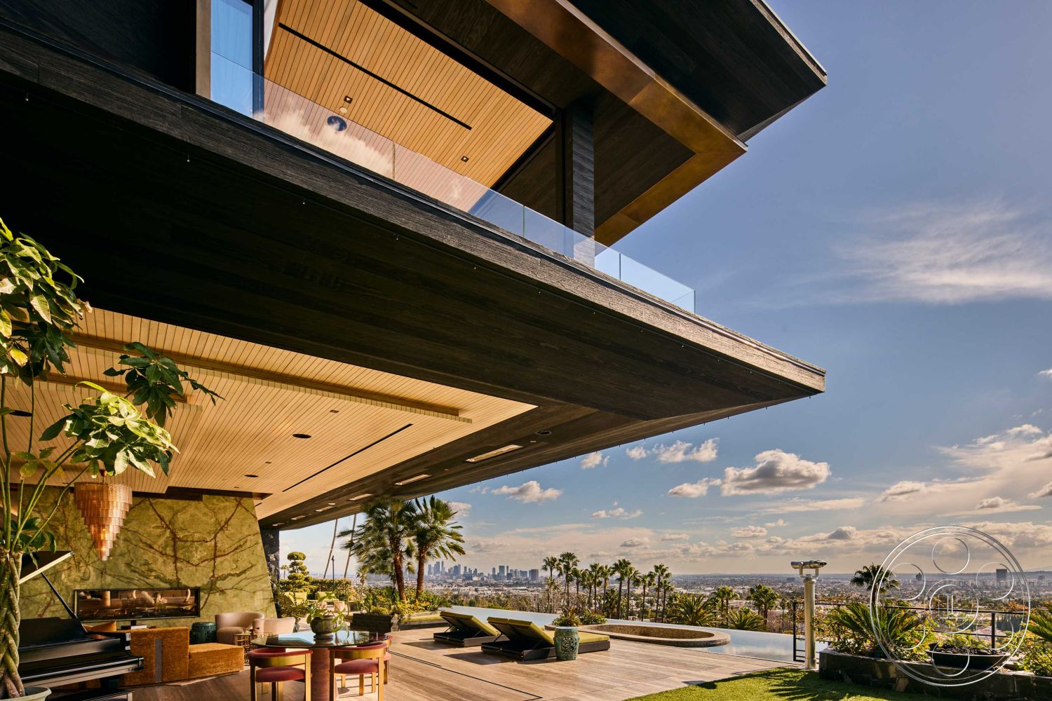 Modern 507 - mid-century modern architectural style, glass sliding doors interior, exposed wood ceiling beams interior, floor-to-ceiling windows interior, polished concrete patio floor exterior, wood deck flooring exterior, stone accent wall interior, infinity pool exterior, open floor plan living room interior, eco-friendly landscaping exterior, modern outdoor furniture exterior, custom built-in seating interior, vaulted ceilings interior, circular fire pit exterior, tropical garden setting exterior, panoramic city skyline view exterior, horizontal wood siding exterior, natural stone feature wall interior, sectional sofa interior, outdoor lounge area exterior, potted palm trees exterior