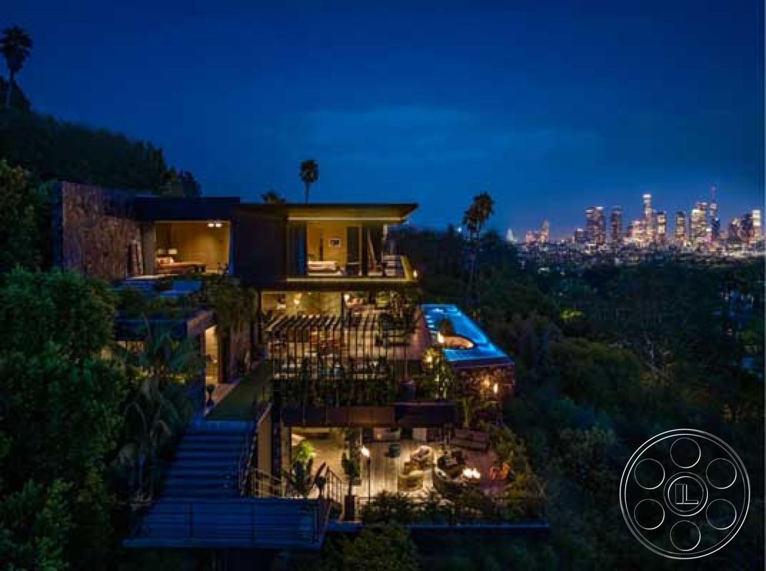 Modern 507 - exterior, metal railings, floor-to-ceiling windows, textured wall panels, open-concept living space, surrounded by greenery, natural stone terrace, landscaped garden patio, urban rooftop setting, modern hillside home, balcony with city skyline view, rectangular infinity pool, wooden deck leading to patio, night lighting features