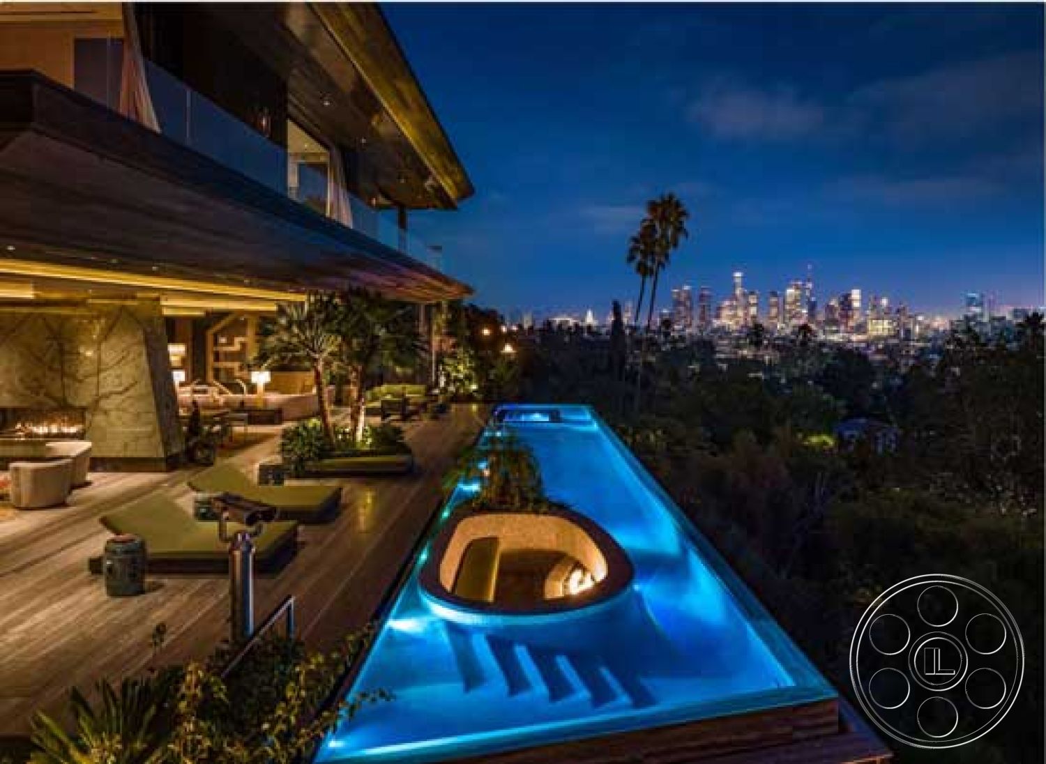Modern 507 - landscaped garden, floor-to-ceiling windows, contemporary architecture, open-concept living space, planted greenery, steel railing, city skyline view, infinity pool, curved pool design, exposed wood ceiling beams, modern outdoor seating area, wood deck patio, concrete pool border, interior lounge area, stone accent walls, outdoor fire pit area, night illumination, wooden lounge furniture, luxurious poolside, garden lighting fixtures, multilevel terrace