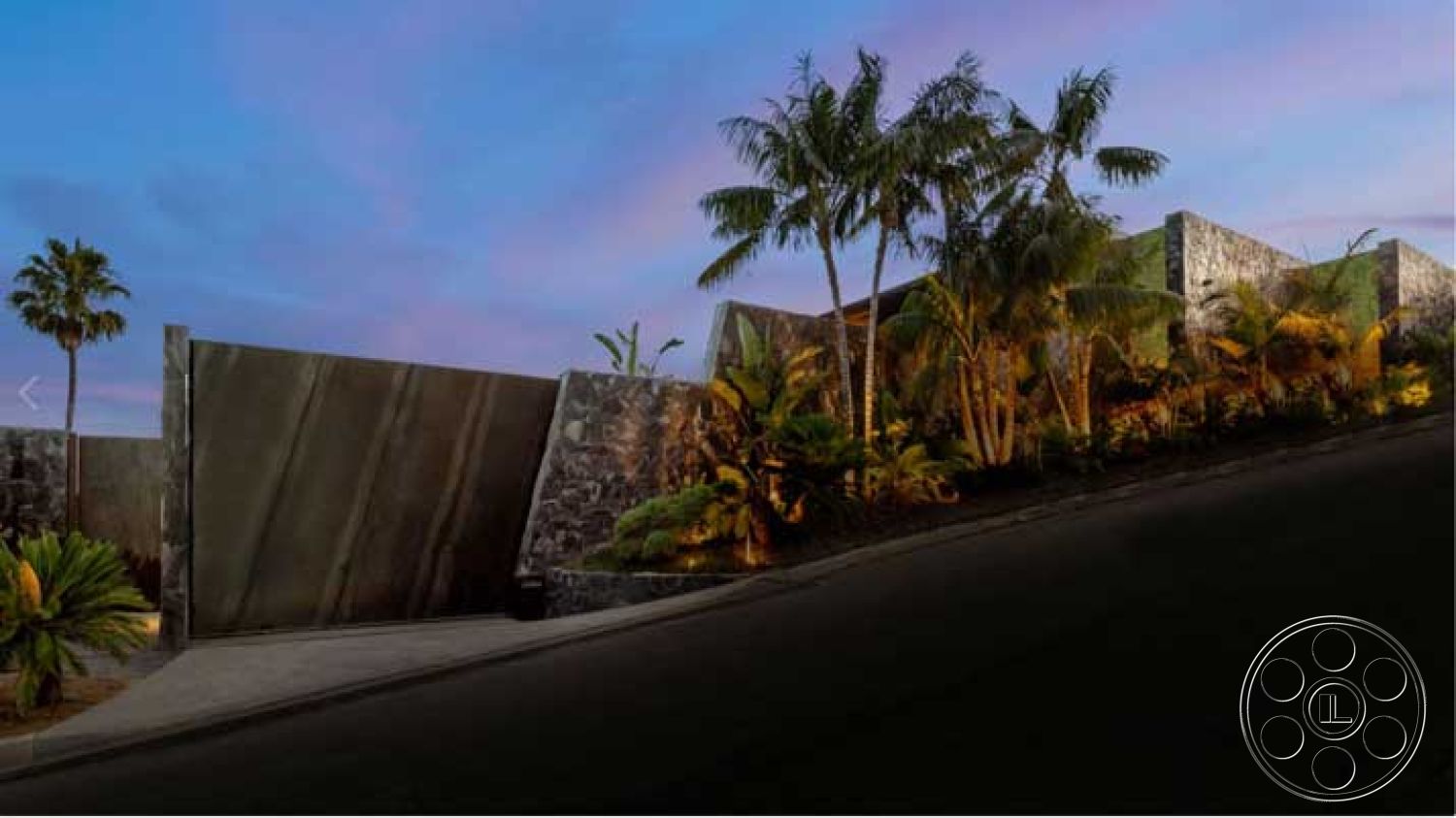 Modern 507 - minimalist aesthetic, modern architectural style, concrete driveway, natural stone planters, outdoor lighting fixtures, exterior landscape design, stucco wall treatment, urban hillside setting, tropical palm landscaping, stone exterior walls, sloping terrain garden, steel fence feature, asymmetrical building facade, integrated greenery elements, panoramic sunset view