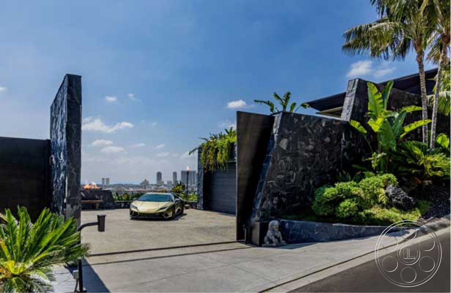 Modern 507 - floor-to-ceiling windows, city skyline view, curved driveway, minimalist landscaping, exterior concrete driveway, contemporary home design, exterior stone feature wall, exterior granite landscaping, exterior tropical garden, architectural modernist style, vaulted entrance ceiling, exposed aggregate patio surface, lush tropical foliage, black stone walls, open-air parking area