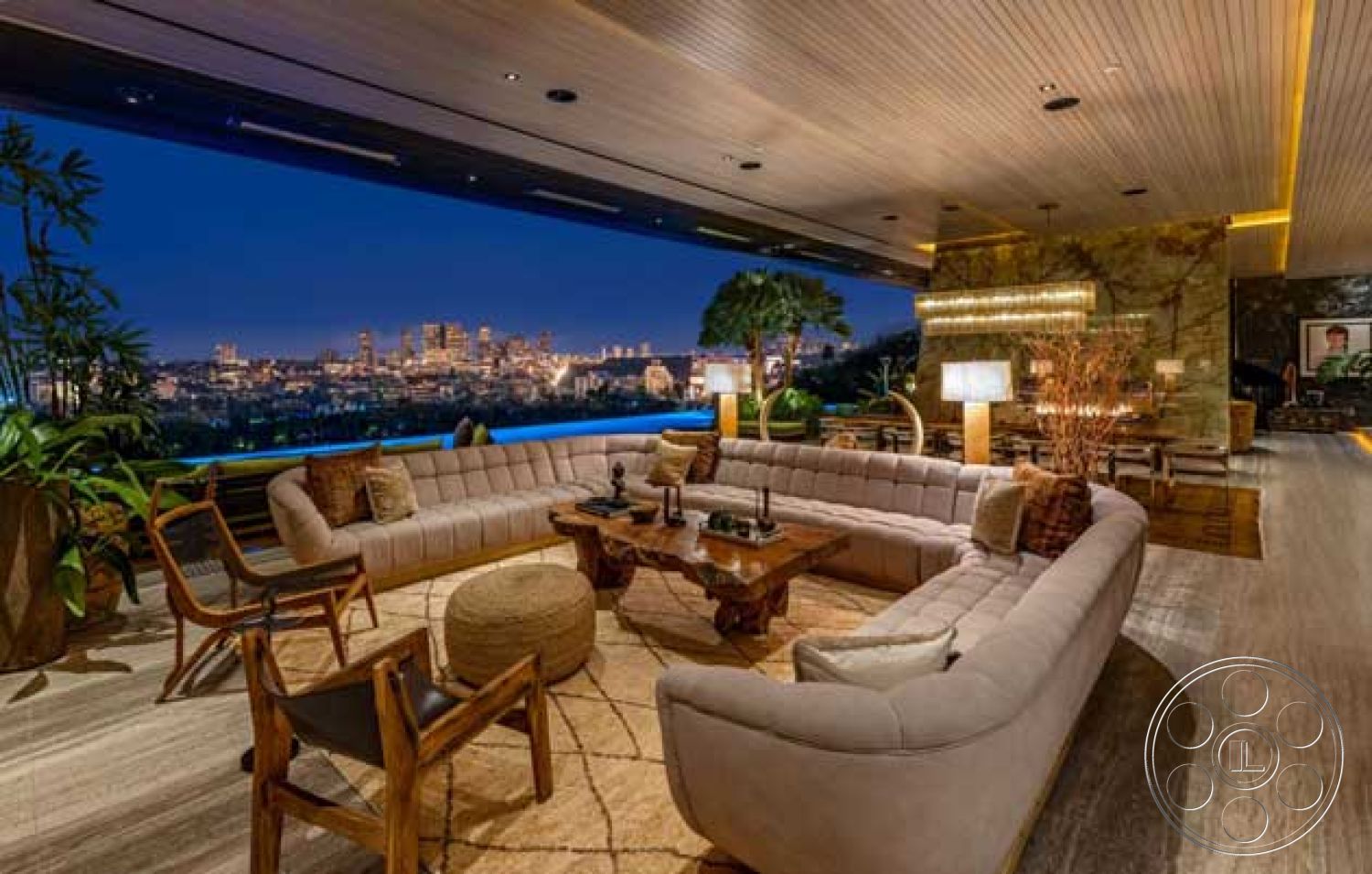 Modern 507 - exterior, indoor plants, floor-to-ceiling windows, soft ambient lighting, city skyline view, curved sectional sofa, mid-century modern design, concrete patio flooring, wood beam ceiling, glass partition wall, luxury outdoor living space, marble side table, architectural lighting details, natural stone feature wall