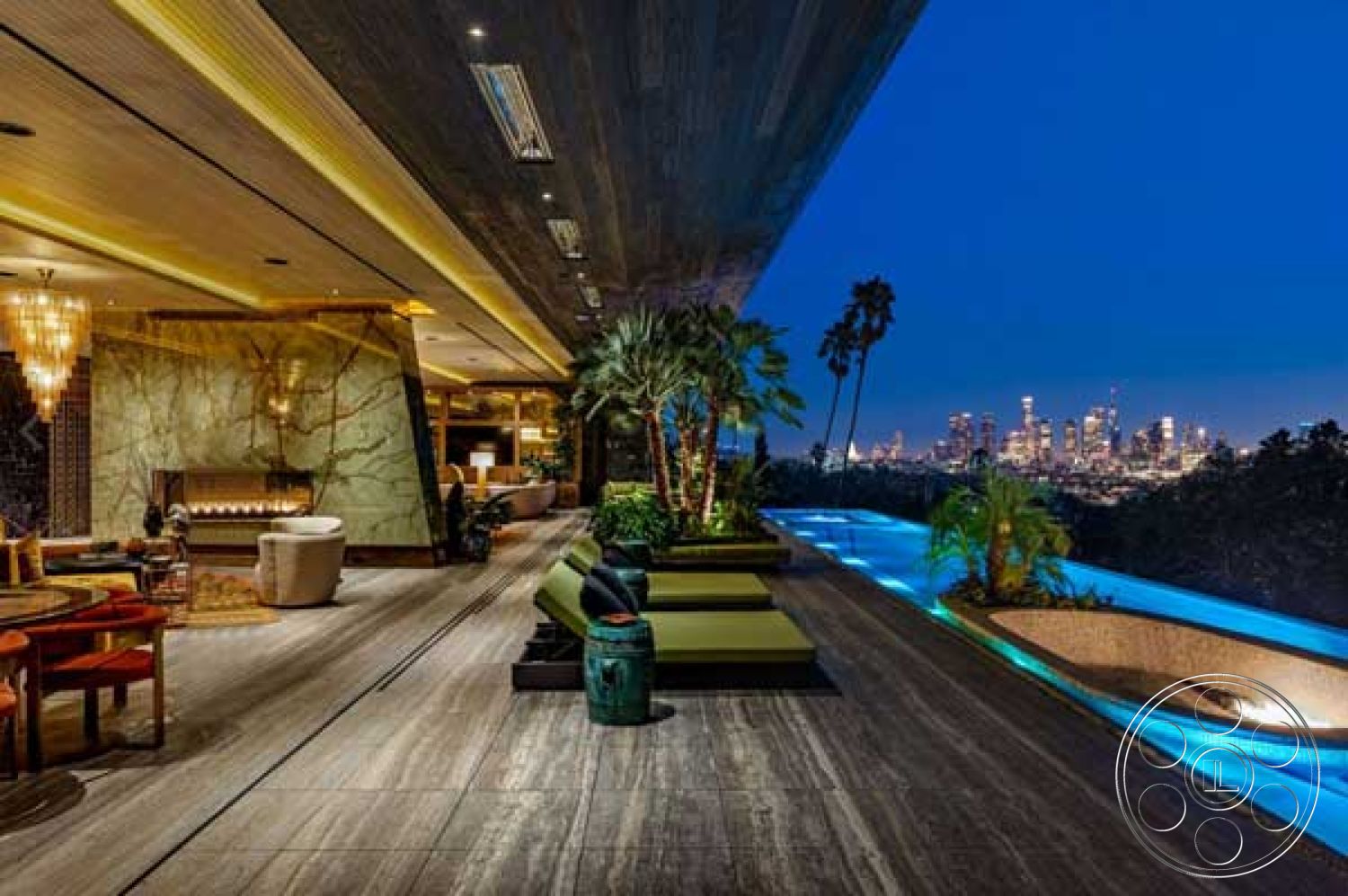 Modern 507 - modern architectural lines, large glass sliding doors, landscaped greenery, floor-to-ceiling windows, outdoor living space, nighttime ambiance, contemporary outdoor furniture, ambient lighting features, city skyline view, modern outdoor lighting, open-concept layout, concrete pool deck, marble accent wall, infinity edge pool, textured wood ceiling, exterior pool area, wooden outdoor lounge chairs, concrete patio slabs, lush tropical plants, luxury terrace design