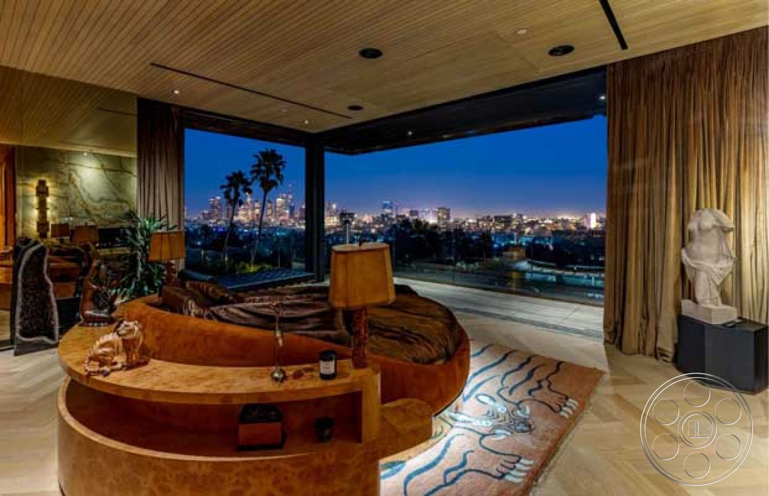 Modern 507 - open-concept living space, wood ceiling panels, city skyline view, textured curtains, plush area rug, contemporary lighting fixtures, modern sculpture, floor-to-ceiling glass windows, tropical indoor plants, curved leather sofa, wood herringbone flooring, exposed concrete accents, luxury bedroom design