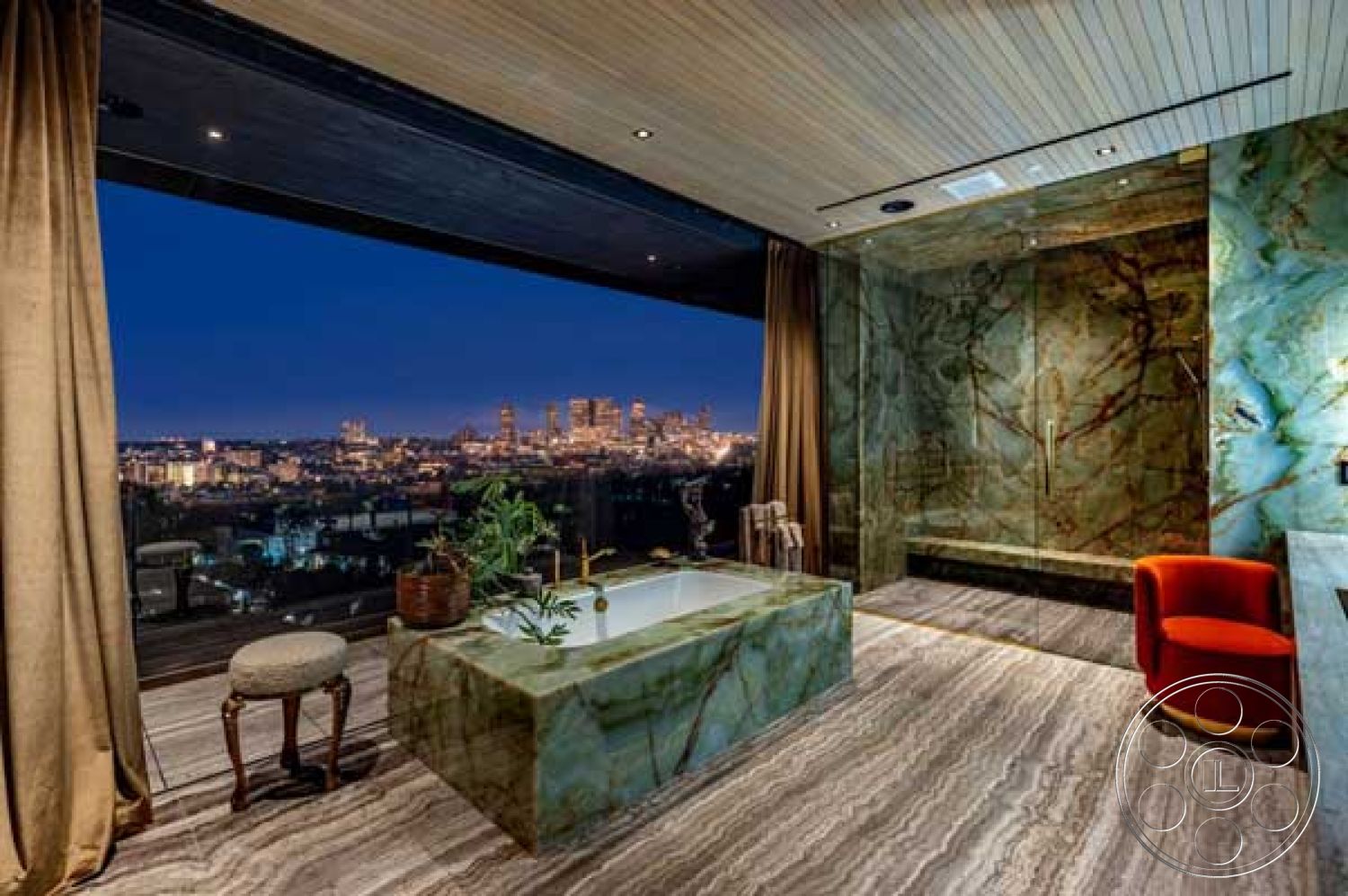 Modern 507 - contemporary decor, wood panel ceiling, exterior view, floor-to-ceiling windows, soft ambient lighting, marble flooring, spa-like ambiance, high-end materials, stylish accent chair, city skyline backdrop, interior bathroom with skyline view, green onyx bathtub, onyx feature wall, modern luxury design, large glass shower enclosure, elegant curtain drapery, seating area with decorative plant, open-concept bathroom layout