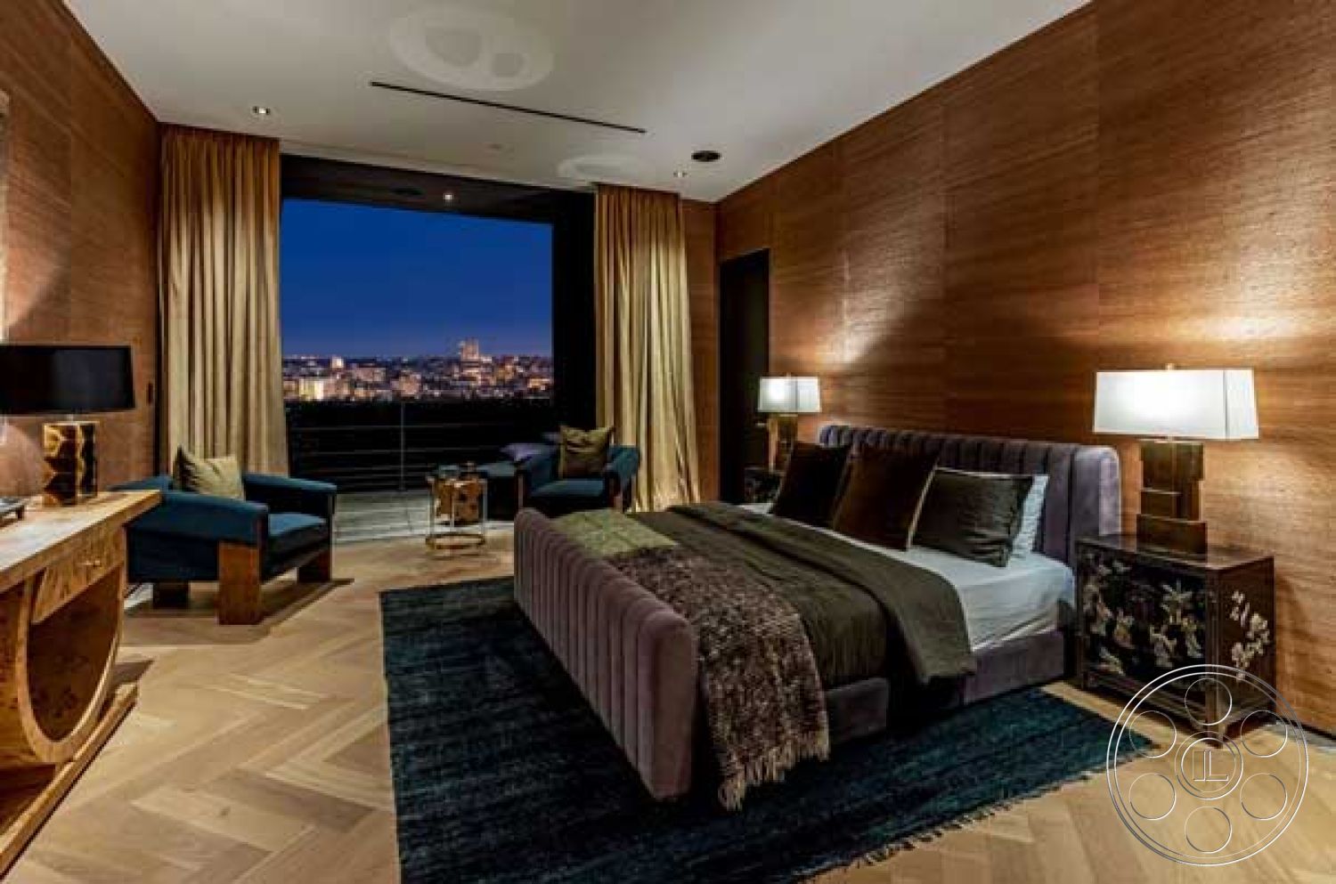 Modern 507 - interior dark wood paneling, interior wooden side table, interior floor-to-ceiling windows, interior textured area rug, interior hardwood herringbone flooring, exterior city skyline view, interior ambient lighting fixtures, interior wood wall treatment, interior upholstered platform bed, interior velvet throw pillows, interior decorative table lamp, interior silk curtain drapes, interior accent seating chairs, interior modern design aesthetic