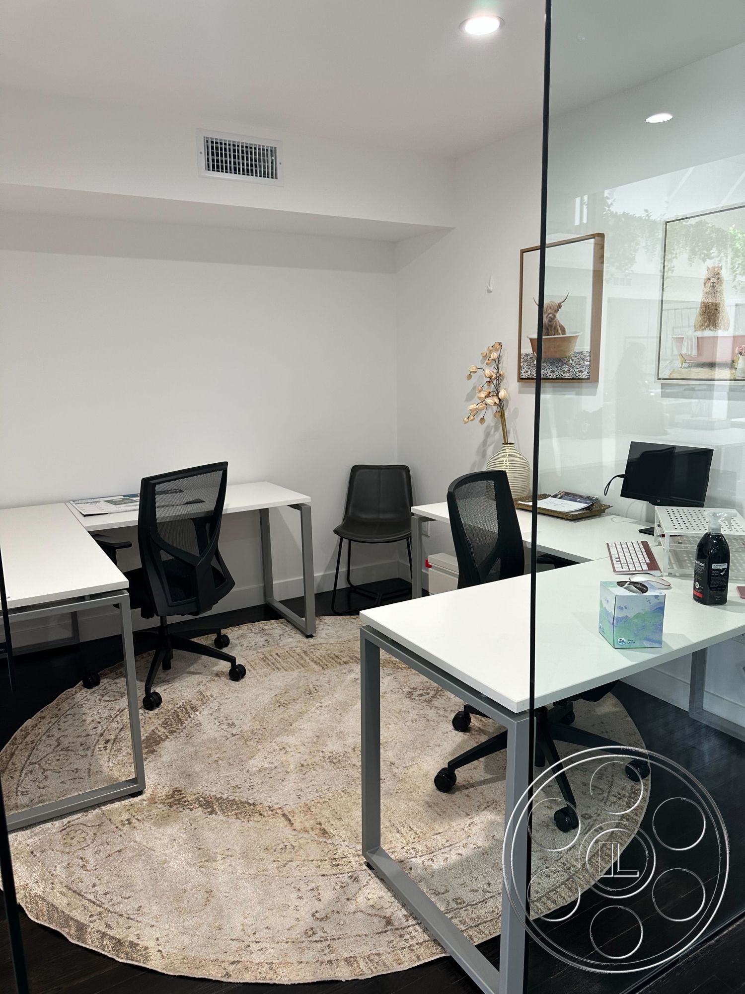 Office 127 - neutral color palette, floor-to-ceiling windows, dark hardwood flooring, circular area rug, ergonomic office chairs, white painted walls, contemporary office design, collaborative workspaces, modern office furniture, minimalist workspace, decorative potted plant, glass office walls, open plan interior, linear ceiling lighting, organized office layout