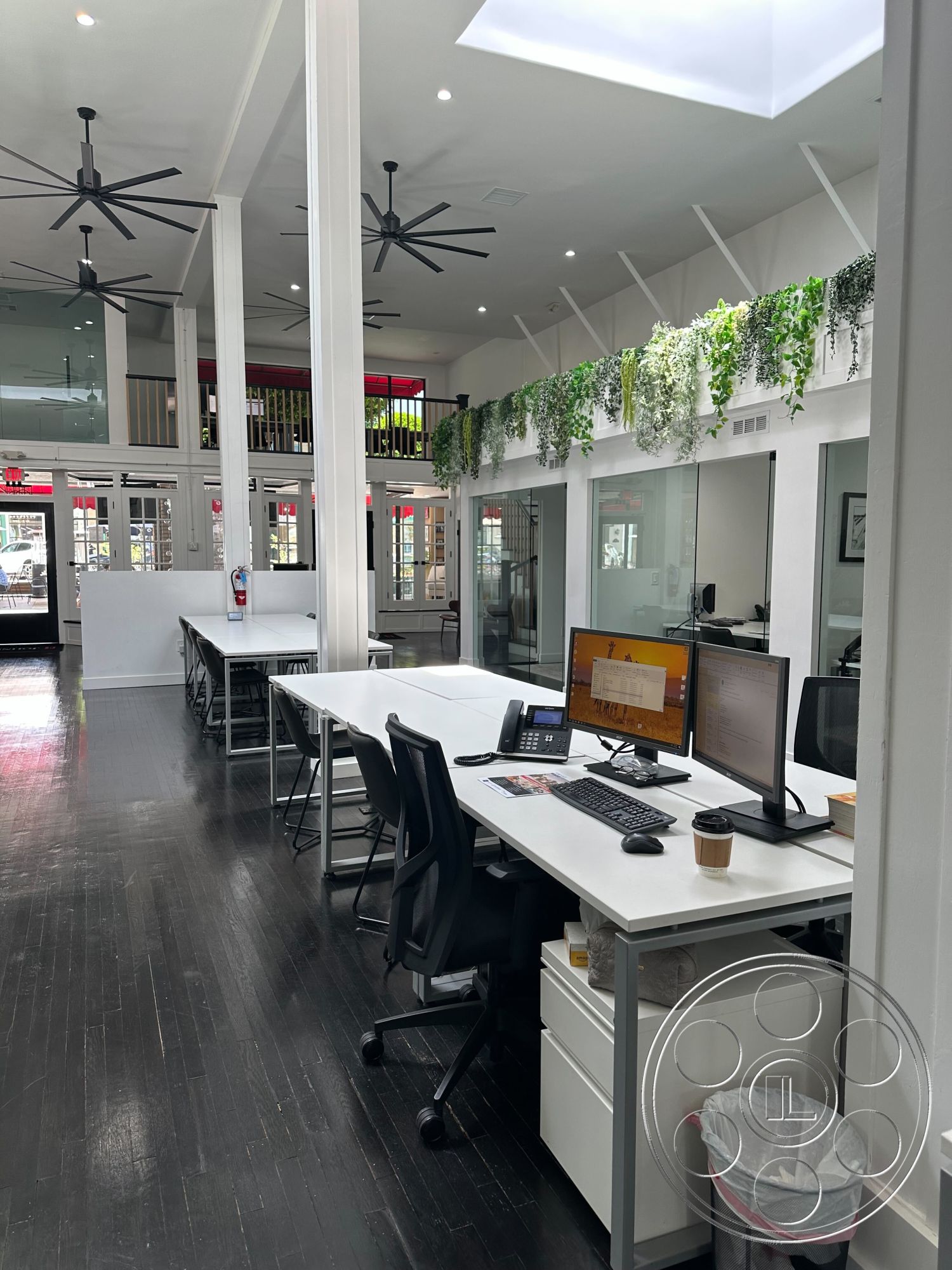 Office 127 - exposed wooden beams, open office layout, glass partition walls, black hardwood flooring, natural light-filled workspace, collaborative workstations, task chairs with mesh backs, industrial ceiling fans, white painted interior walls, metal office desks, skylight overhead, decorative greenery accents, modern office aesthetic, reception area with large windows